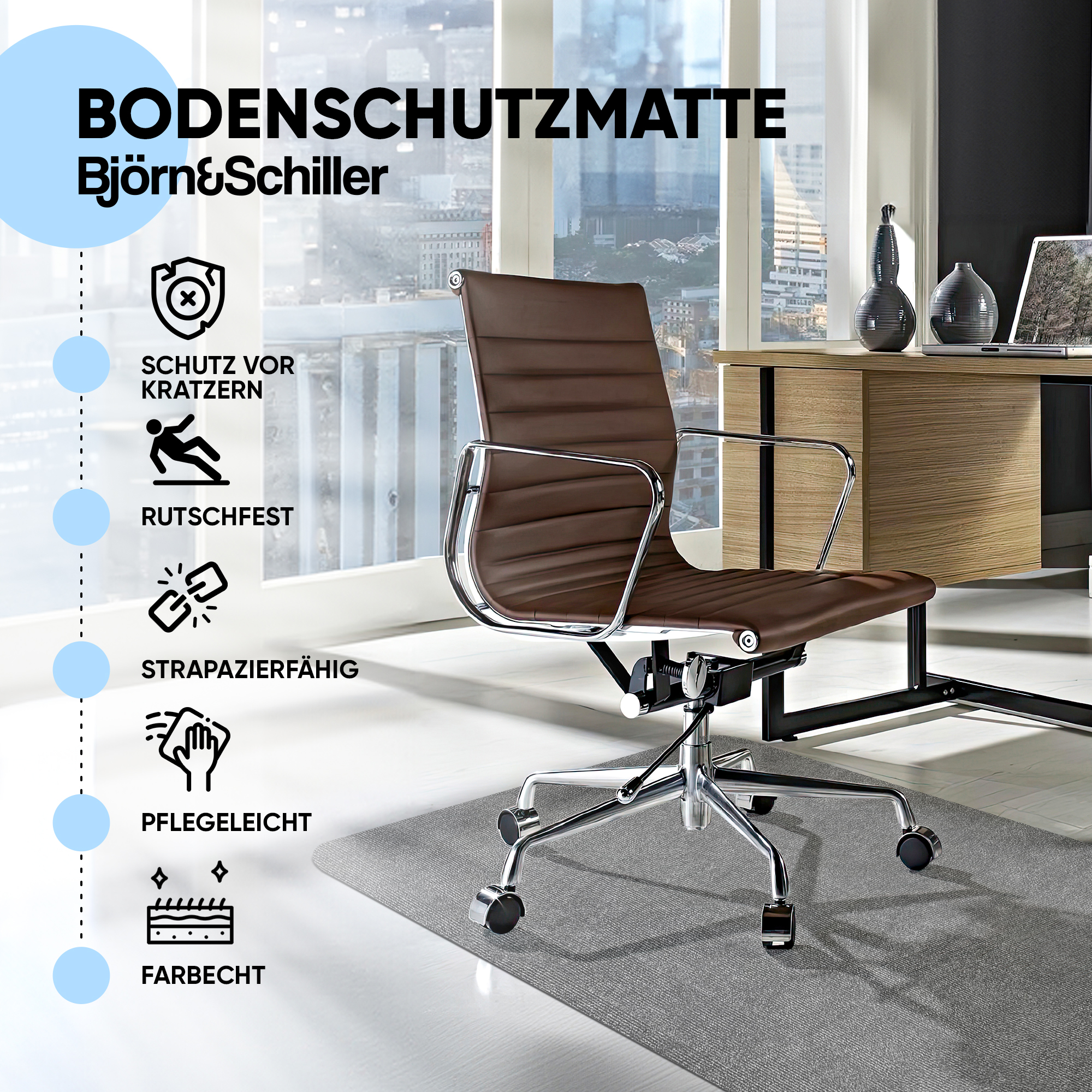 Bürostuhl auf Bodenschutzmatte in modernem Raum mit Schreibtisch.