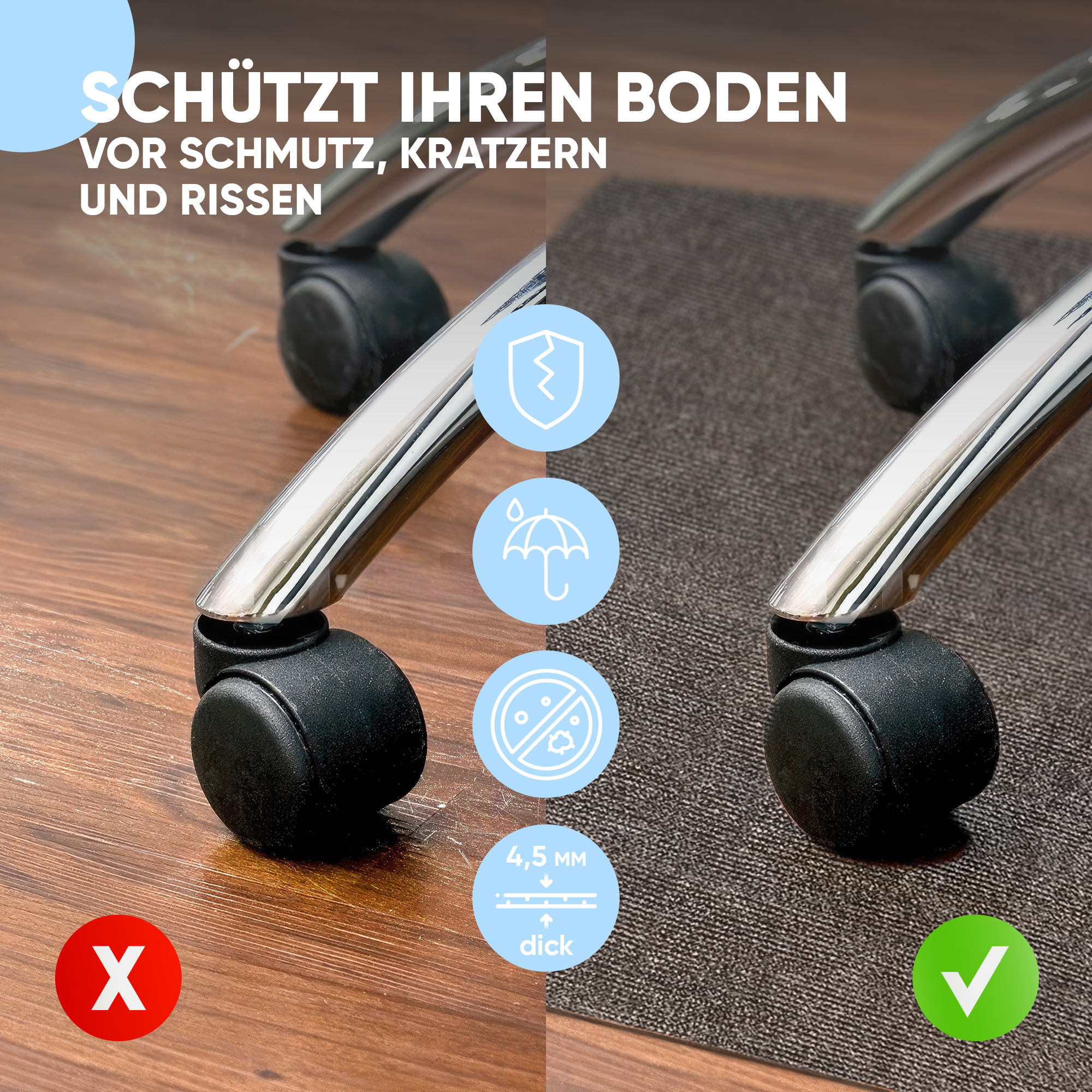 Vergleich von Holzboden mit Kratzern ohne Schutzmatte links und geschütztem Boden mit Matte rechts.