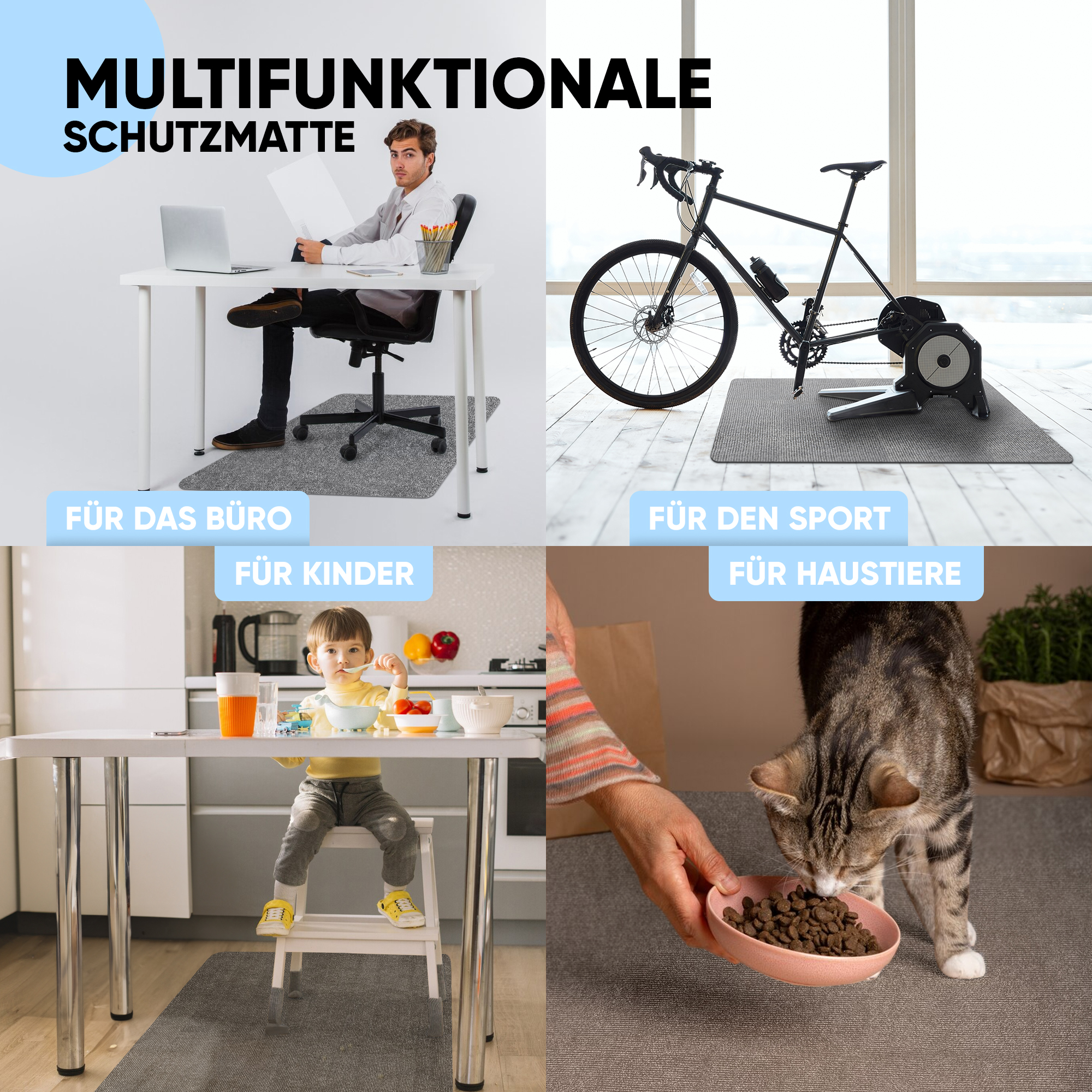 Vier Bilder zeigen eine graue Schutzmatte unter einem Schreibtisch, einem Fahrradtrainer, einem Kind und einer Katze.