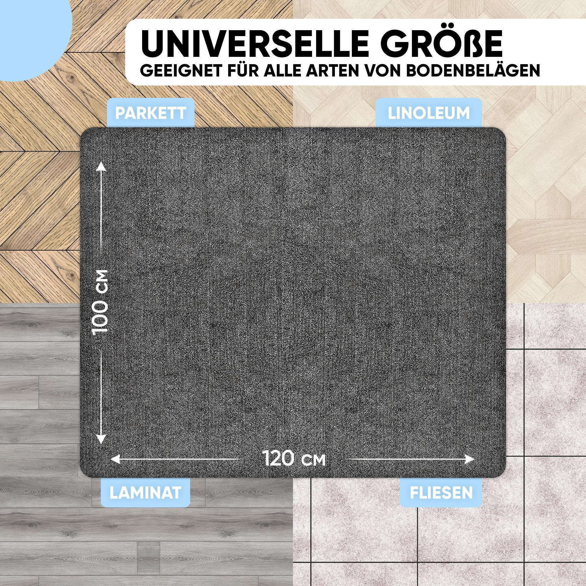 Graue Matte mit den Maßen 100x120 cm auf verschiedenen Böden.