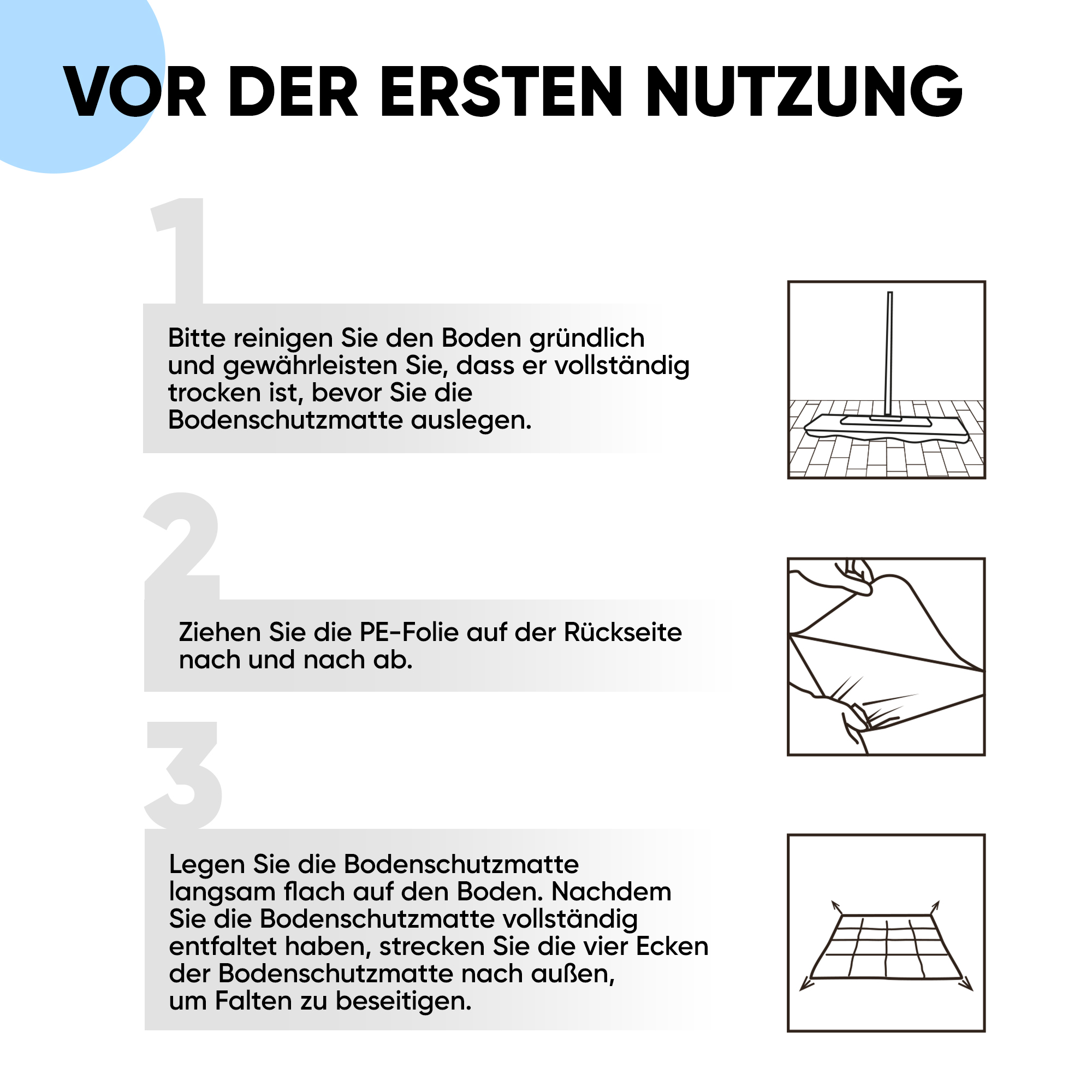 Anleitung zur Bodenschutzmatte mit drei Schritten: Boden reinigen, Folie abziehen und faltenfrei auslegen.