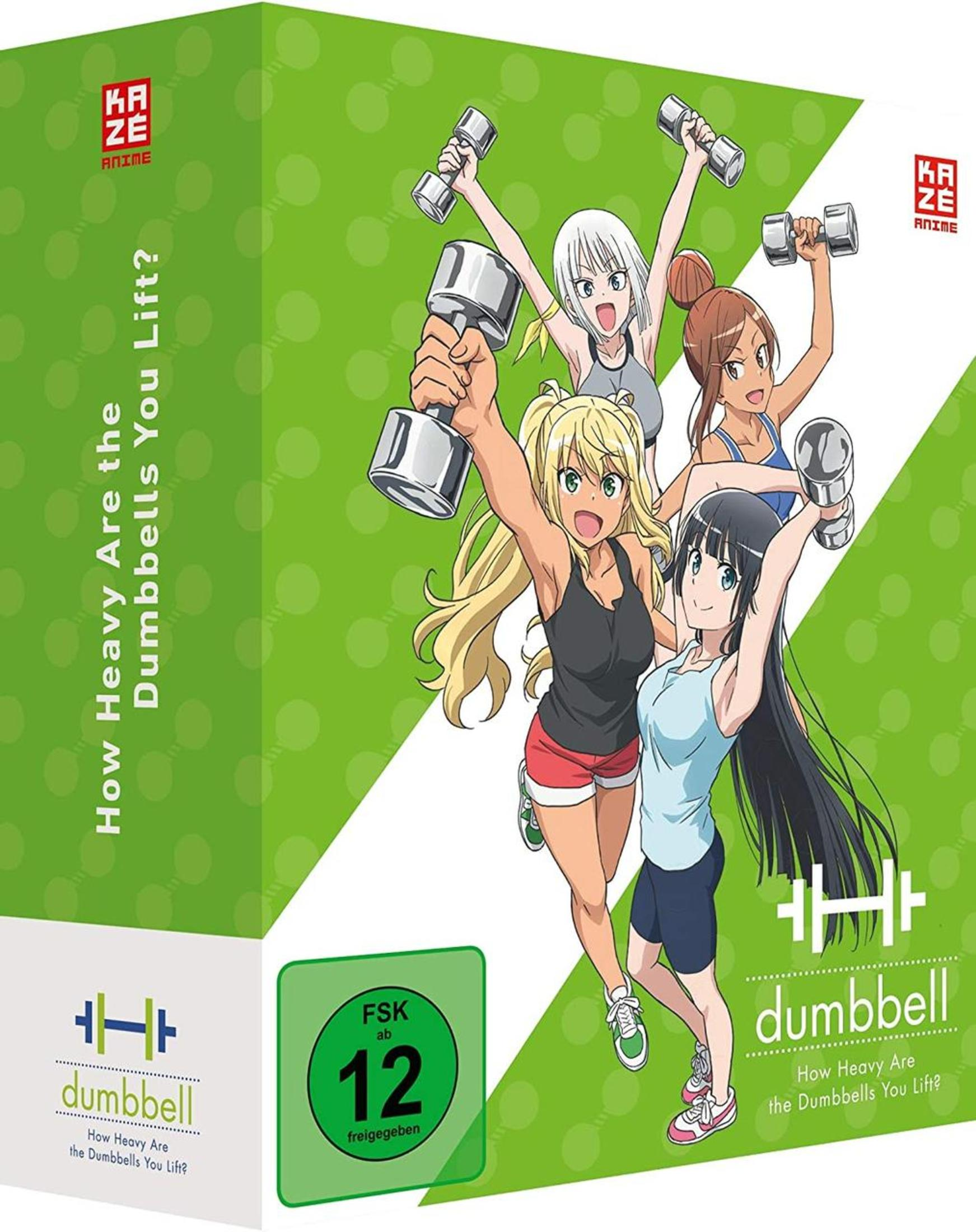 Anime-Cover mit vier jungen Frauen im Sportoutfit, die stolz Hanteln heben, vor grünem Hintergrund.