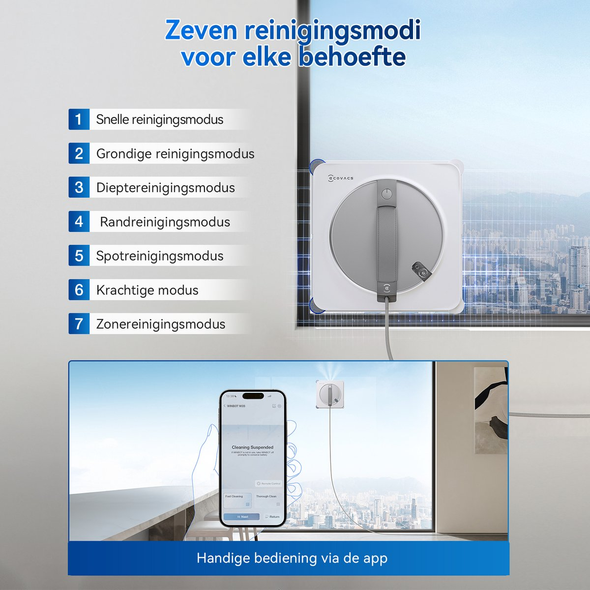 Robot lave-vitres sur une vitre avec sept modes de nettoyage et contrôle via application.