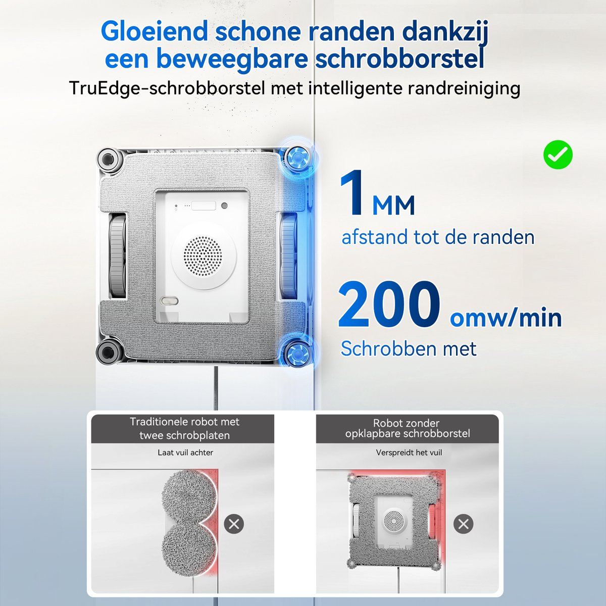 Le diagramme montre un robot aspirateur avec nettoyage des bords, 1 mm de distance et 200 tr/min.