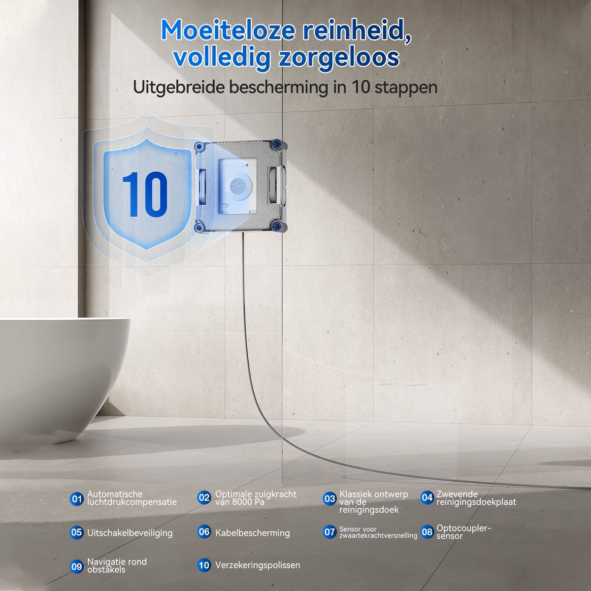 Un robot nettoyeur de vitres nettoie une paroi en verre de salle de bain, avec dix niveaux de protection.
