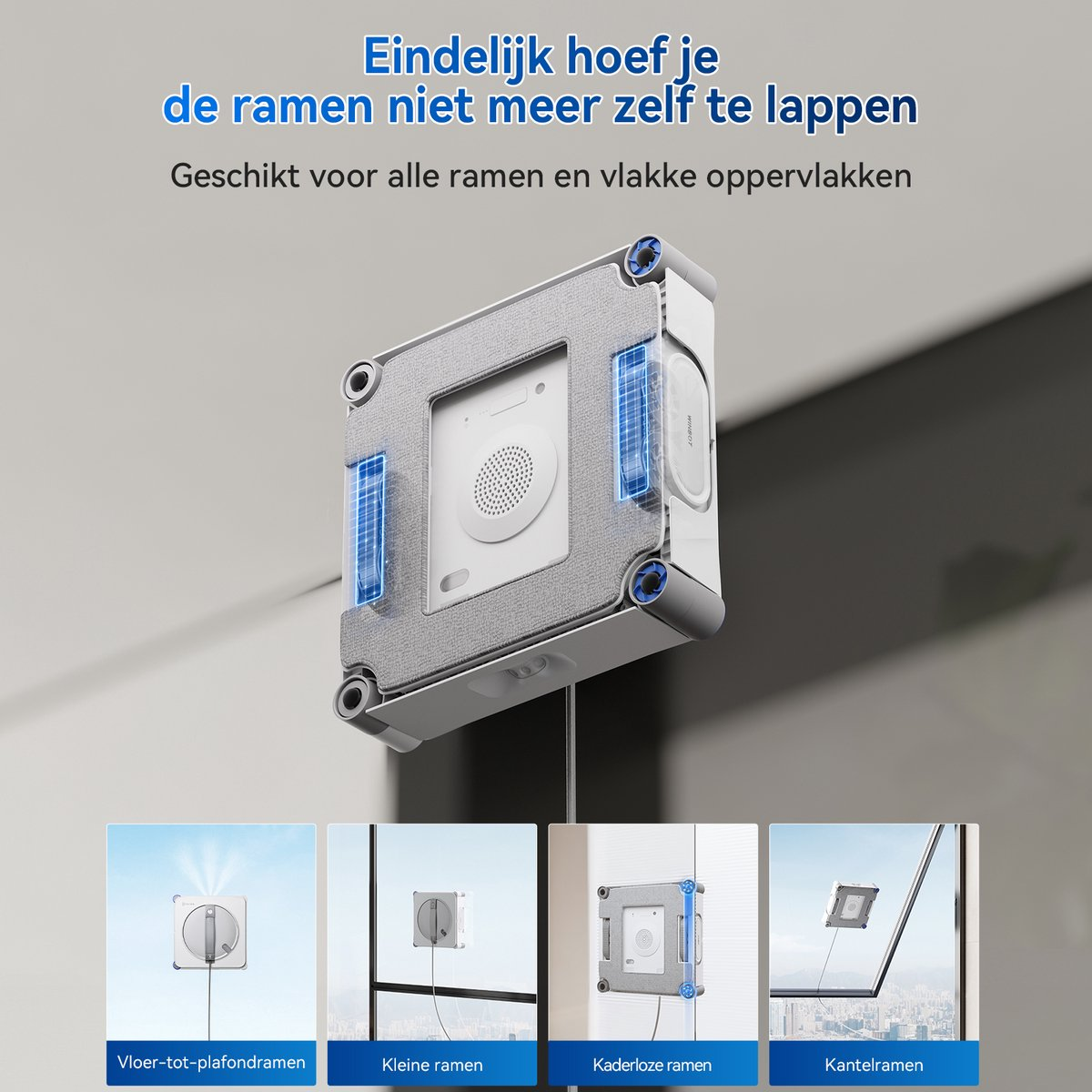 Un robot nettoyeur de vitres blanc et carré nettoie une vitre, avec quatre exemples en bas.