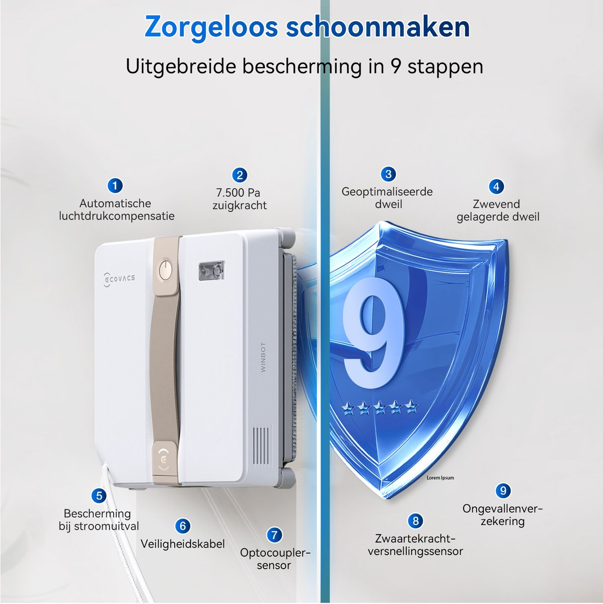 Robot lave-vitres avec neuf fonctions de sécurité, affiché sur une infographie.