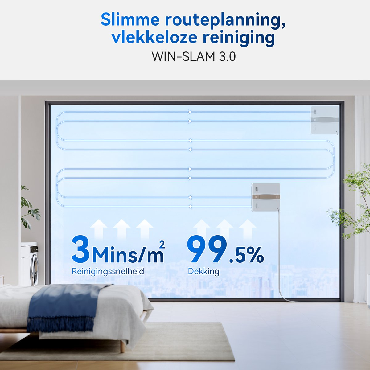 Un robot nettoie une grande vitre avec des lignes de parcours bleues et des stats.