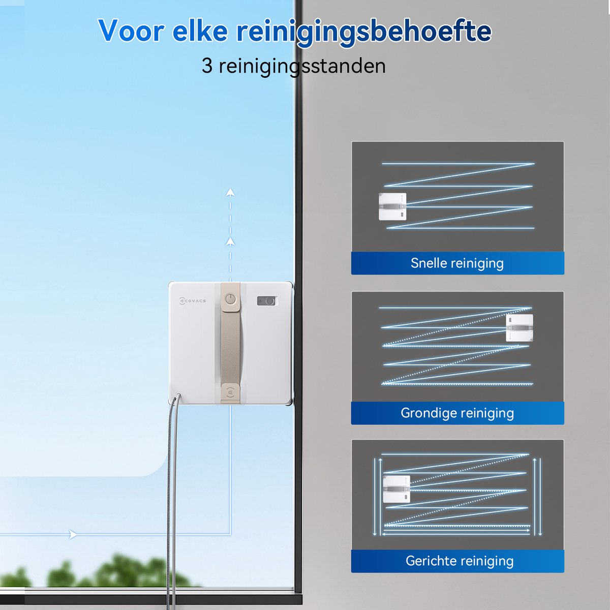Robot lave-vitres avec trois modes de nettoyage différents.
