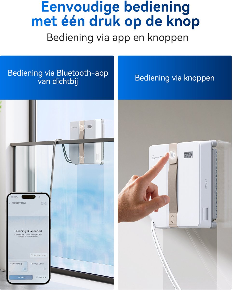 Publicité pour robot lave-vitres, contrôlable par application ou bouton.