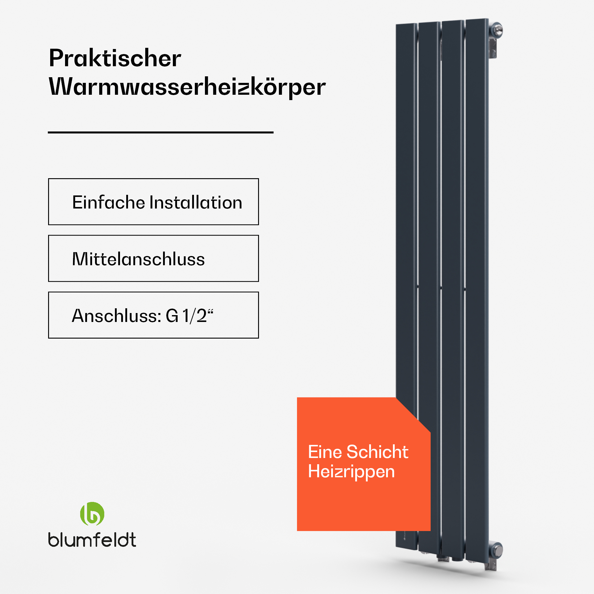 Grauer Warmwasserheizkörper mit Text und Logo auf weißem Hintergrund.