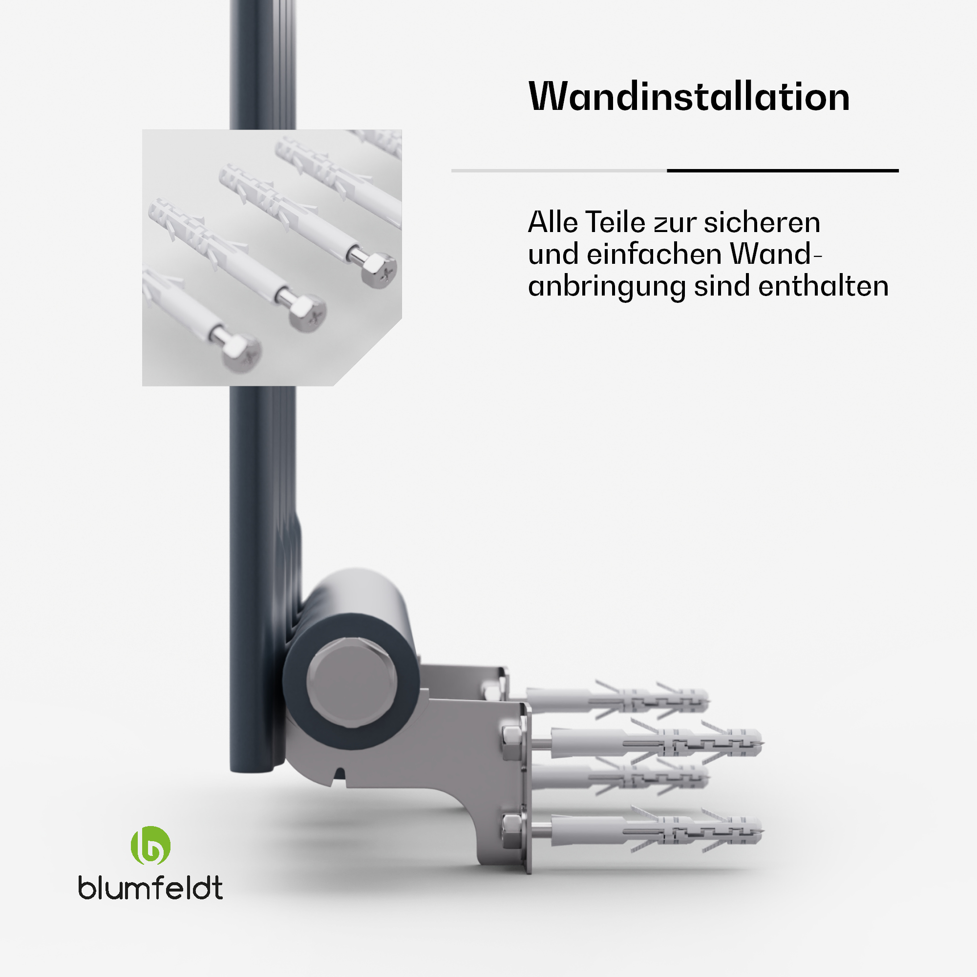 Wandinstallation mit vier Schrauben und Dübeln für die sichere Befestigung.
