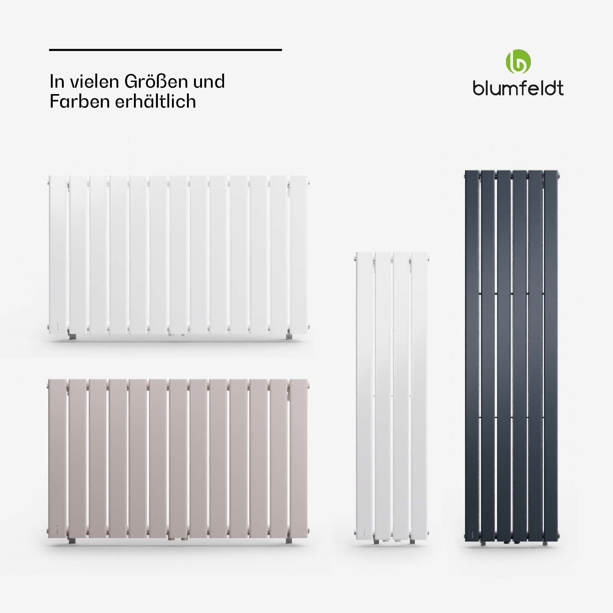 Vier verschiedene Heizkörper in verschiedenen Größen und Farben vor weißem Hintergrund.