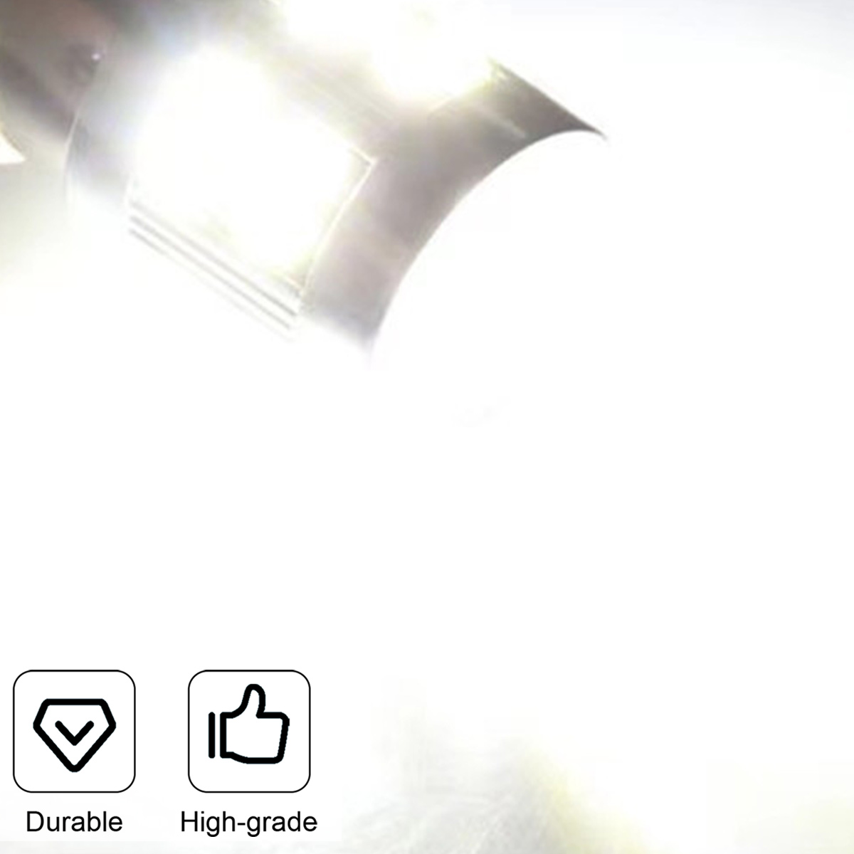Eine sehr helle LED-Lampe mit Symbolen für langlebig und hochwertig unten.