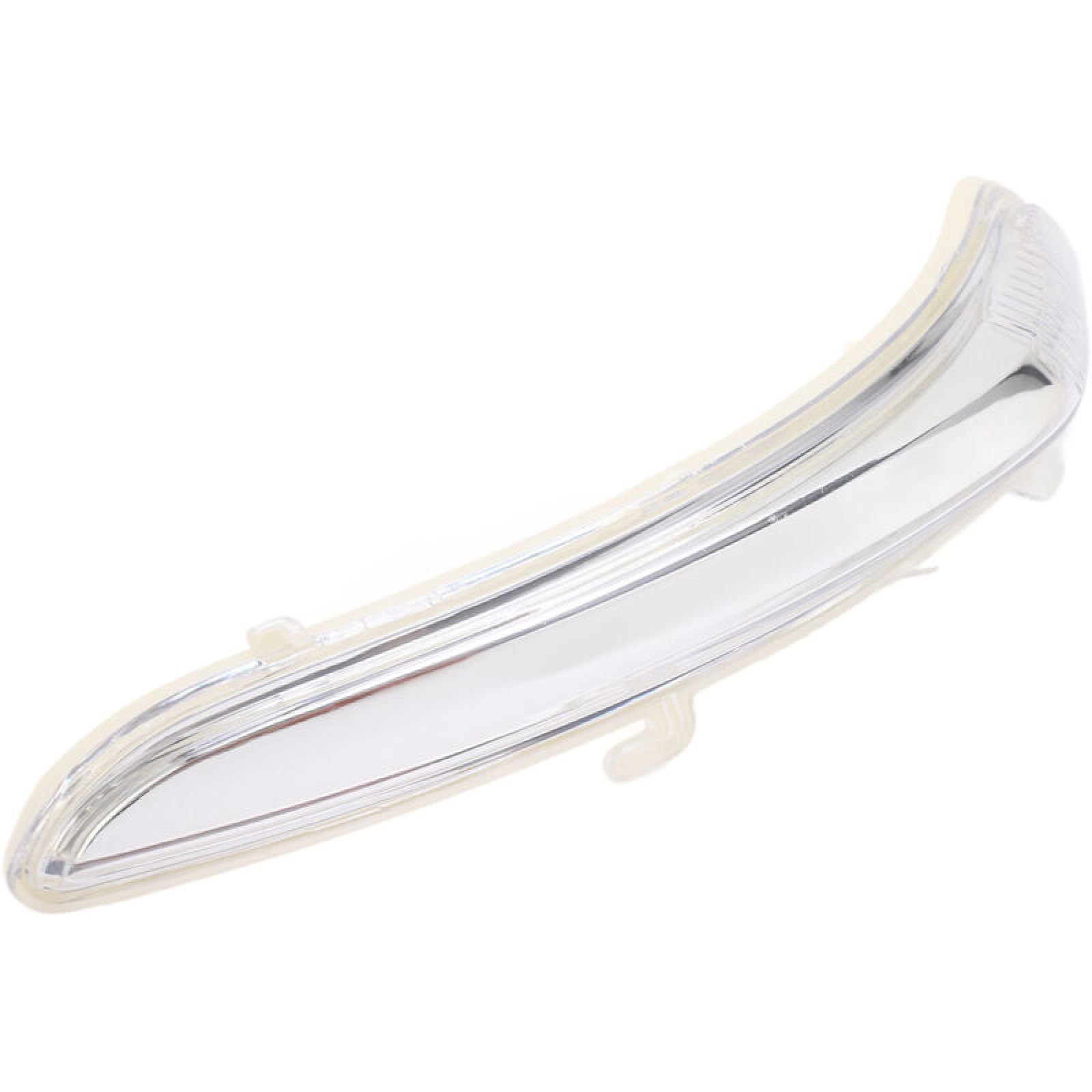 Eine gebogene, transparente Blinker-Abdeckung aus Kunststoff mit Halteclips vor weißem Hintergrund.