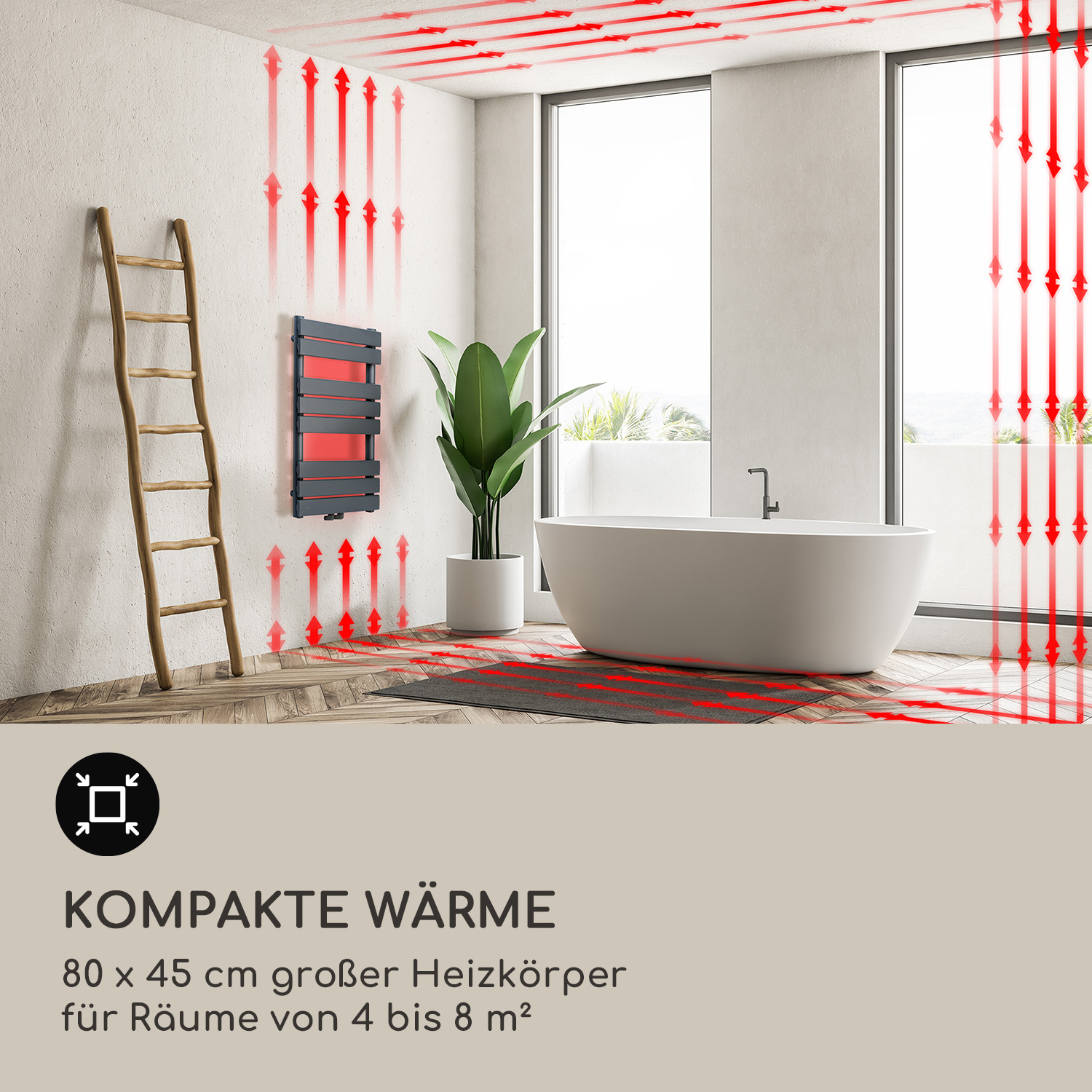 Badezimmer mit grauer Heizung, Holzleiter, Badewanne und rotem Wärmestrahlungsgrafik.