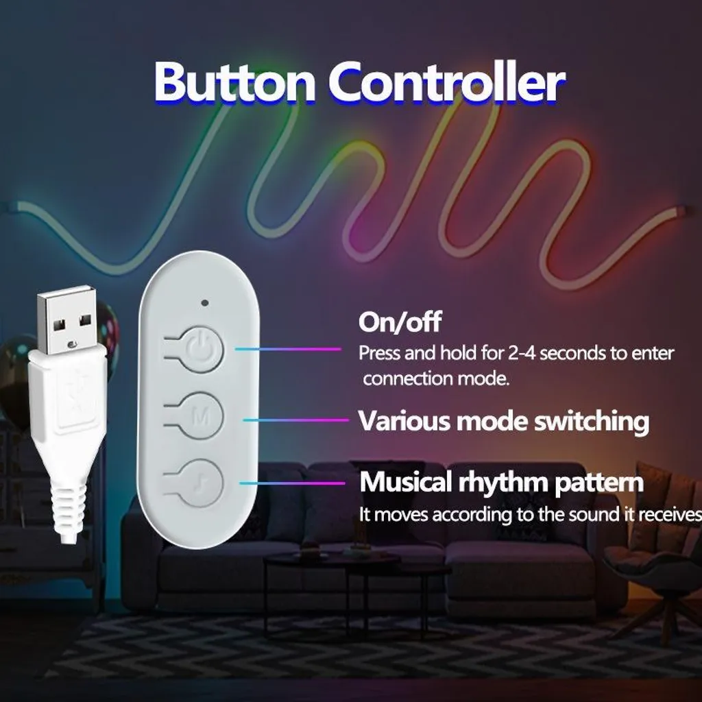 Ein weißer Knopf-Controller mit USB-Kabel zeigt Symbole und Textanweisungen vor einem LED-Streifen und einem Sofa.