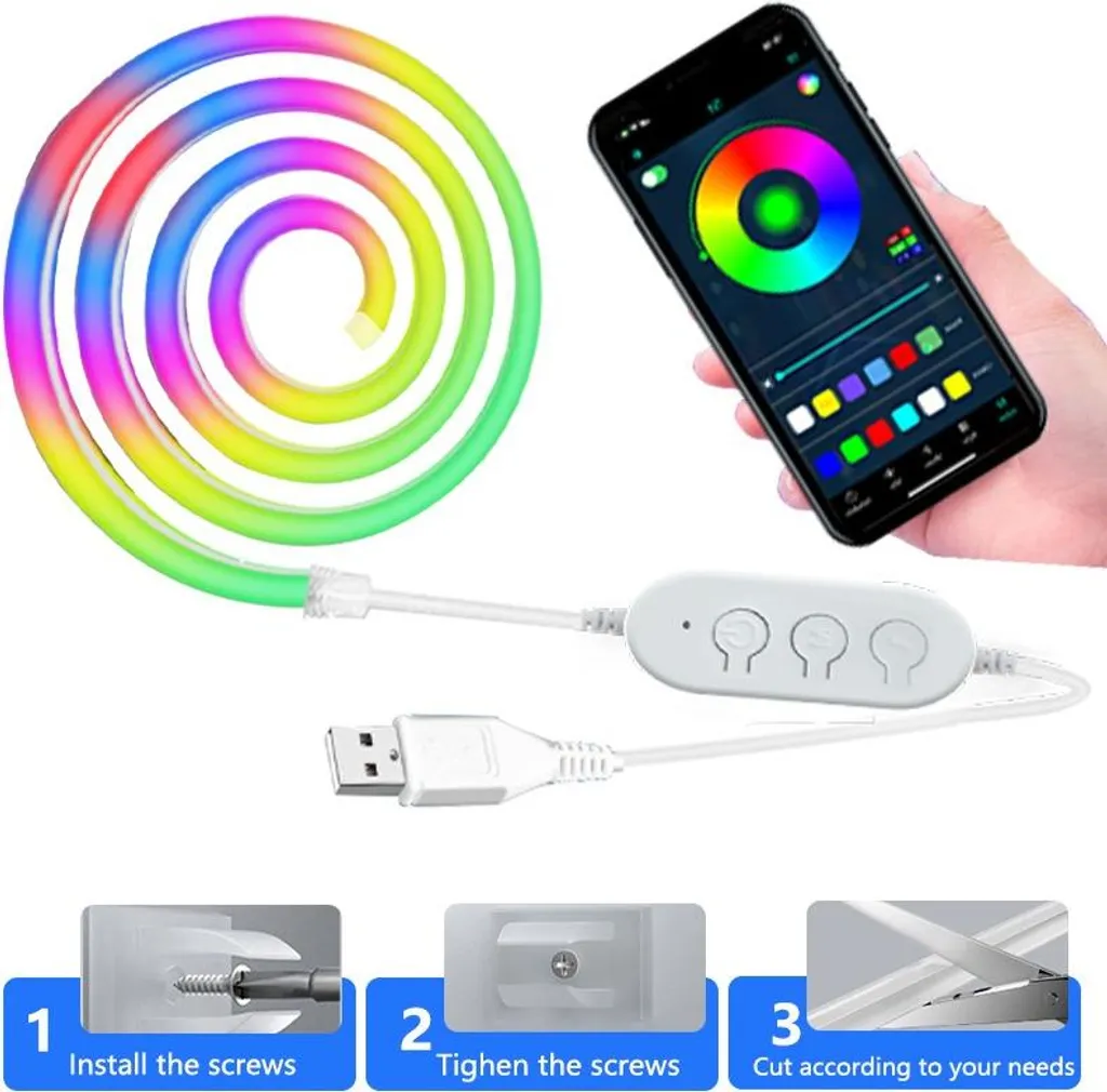 Bunt beleuchteter LED-Streifen mit App-Steuerung, Controller, USB-Anschluss und Montageanleitung in drei Schritten.