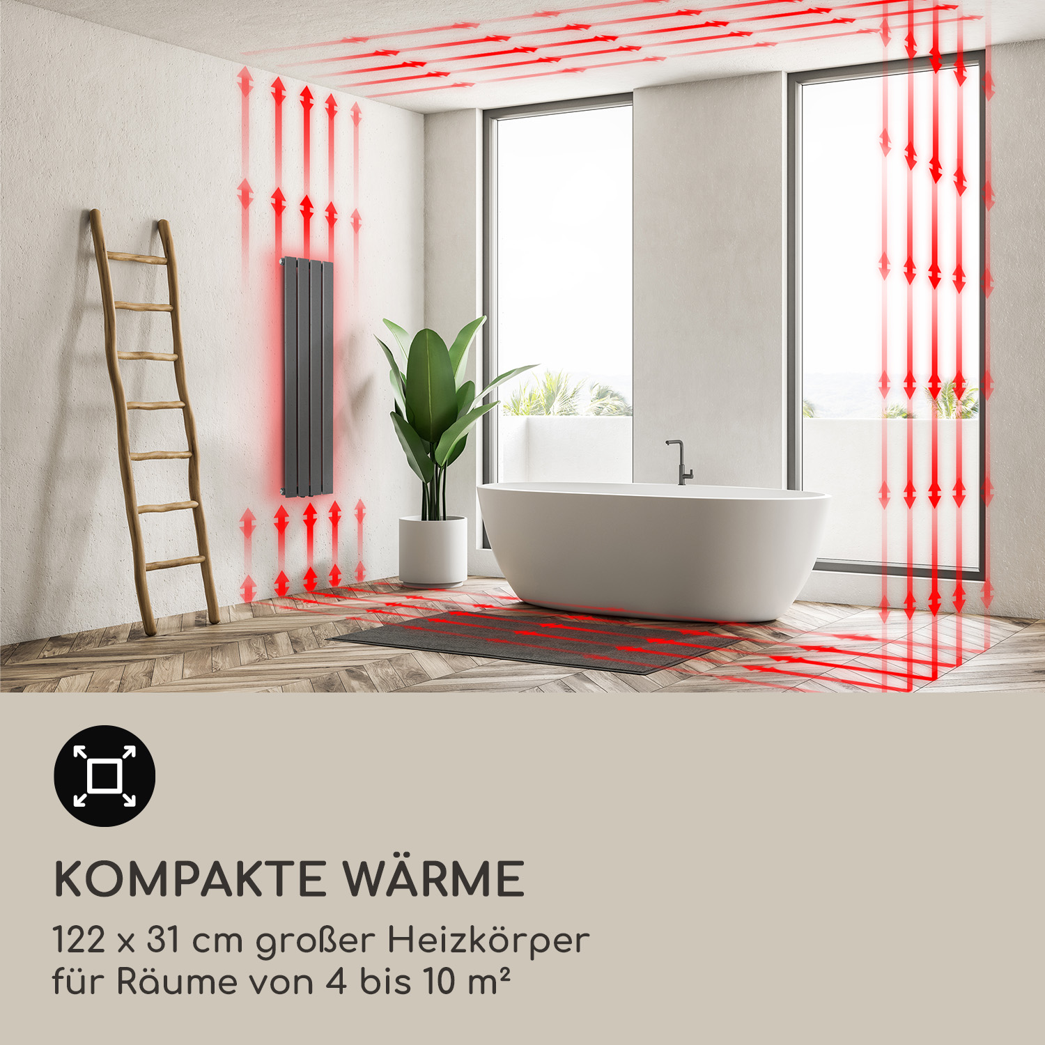 Moderne Badezimmereinrichtung mit Badewanne, Heizkörper an der Wand, Holzleiter, Pflanze und roter Wärme-Diagramm-Grafik.