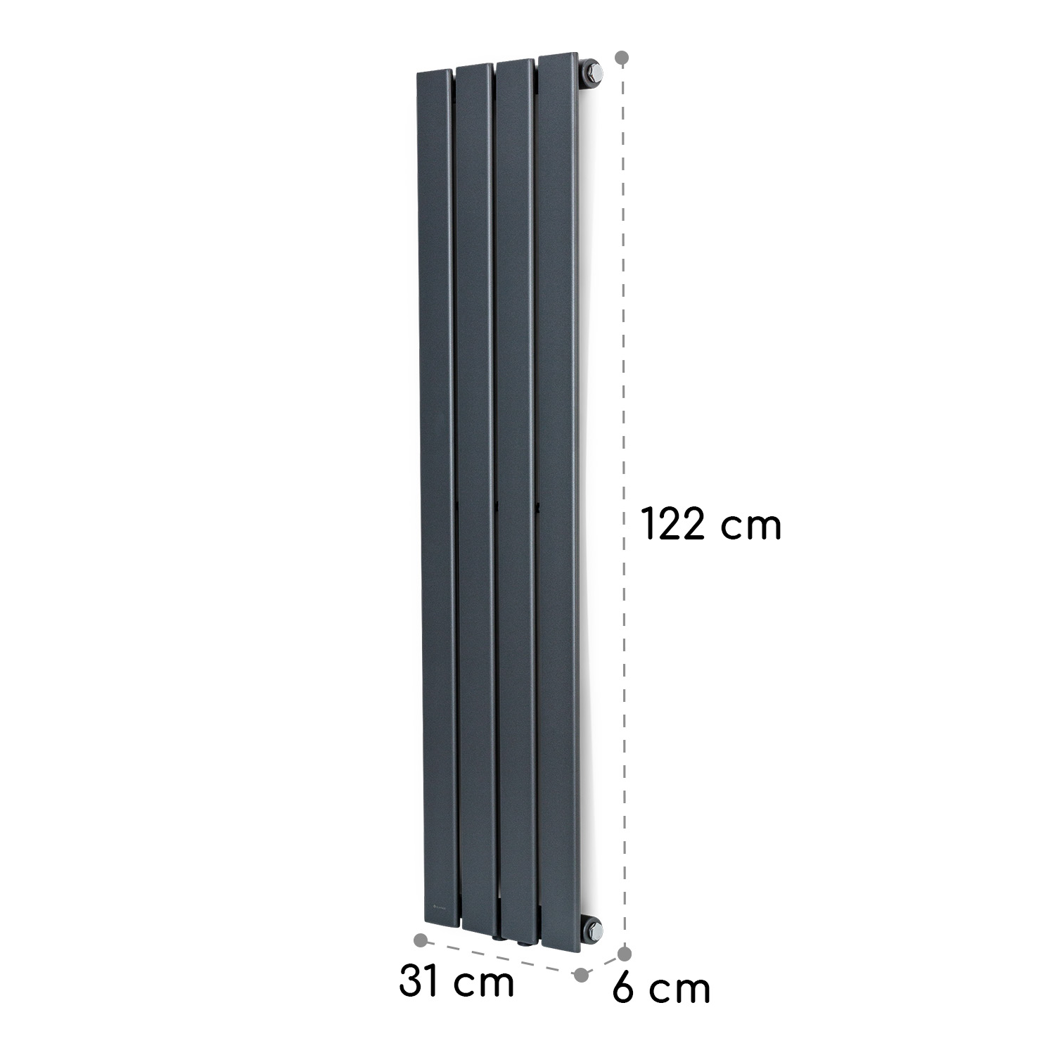 Dunkelgrauer, vertikaler Flachheizkörper mit vier Lamellen, Höhe 122 cm, Breite 31 cm und Tiefe 6 cm.