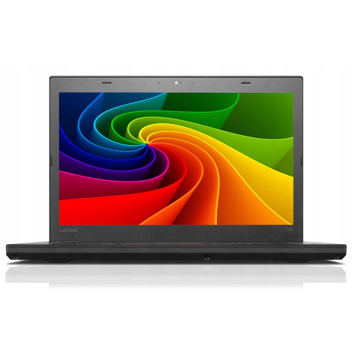 Ein schwarzer Lenovo Laptop mit einem Bildschirm, der eine bunte, wirbelnde Regenbogenmuster zeigt.