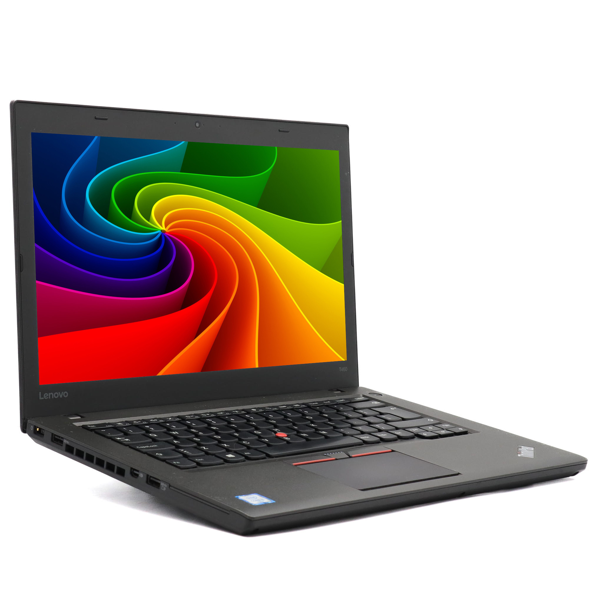 Ein schwarzer Laptop auf weißem Hintergrund zeigt auf dem Bildschirm ein buntes, wirbelndes Regenbogenmuster.