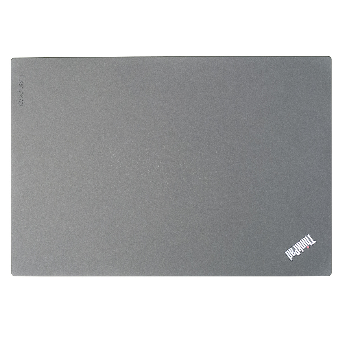 Geschlossener grauer Lenovo ThinkPad Laptop auf weißem Hintergrund.
