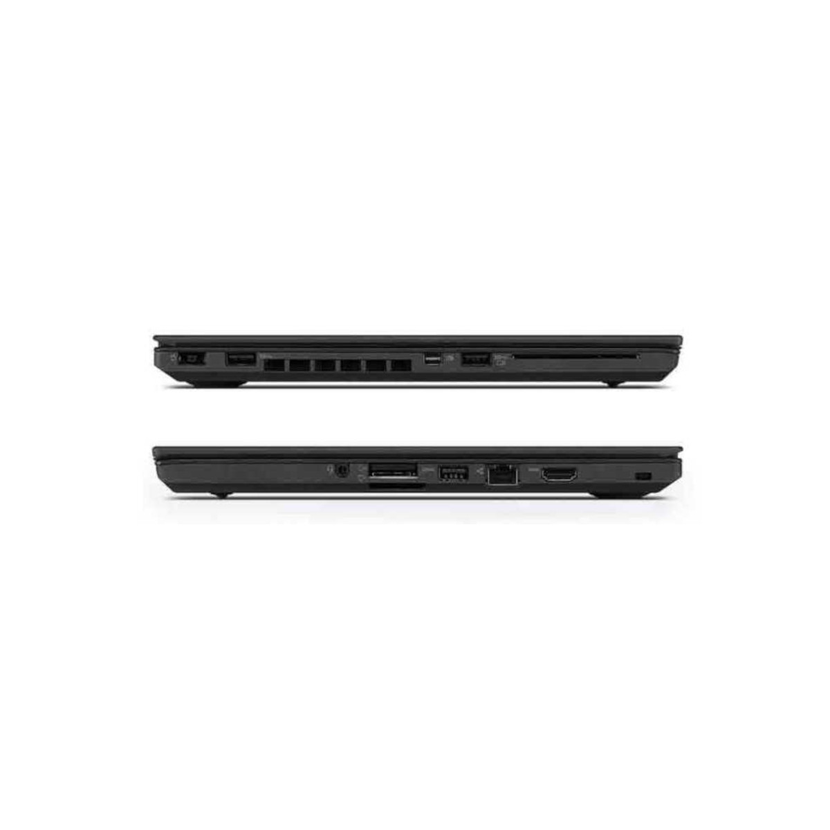 Seitenprofile eines schwarzen Laptops mit verschiedenen Anschlüssen wie USB, HDMI und Audio.