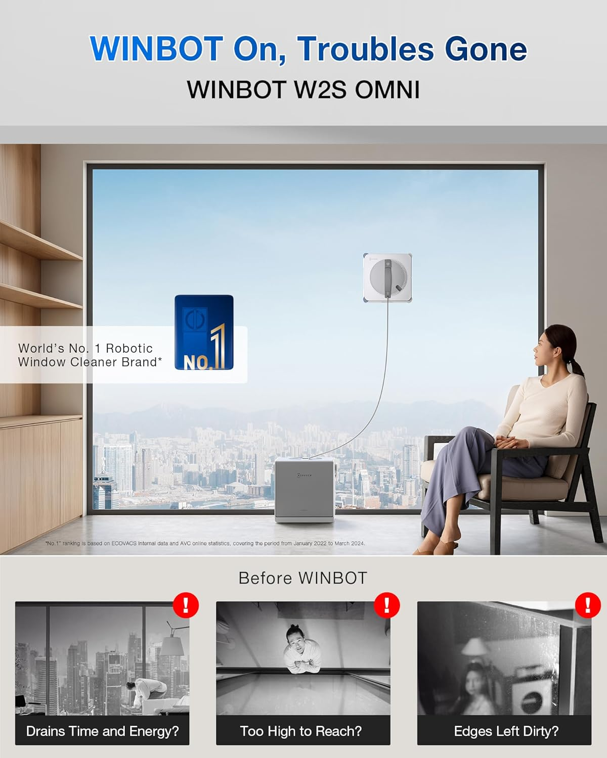 Une femme est assise pendant que le Winbot W2S Omni nettoie la fenêtre ; trois problèmes avant l'achat en bas.