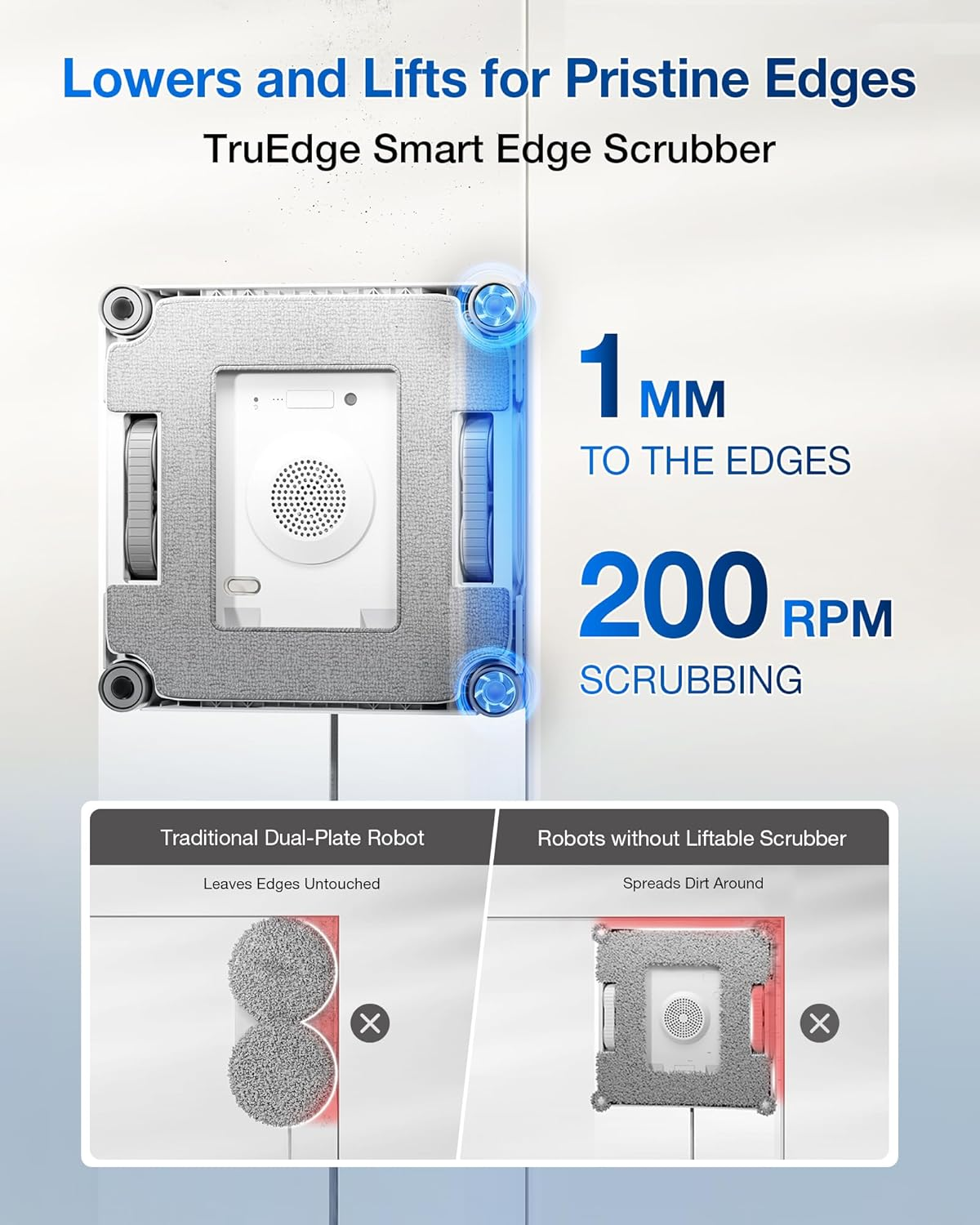 Le TruEdge Smart Edge Scrubber offre un nettoyage des bords à 1mm et un récurage à 200 tr/min par rapport aux robots.