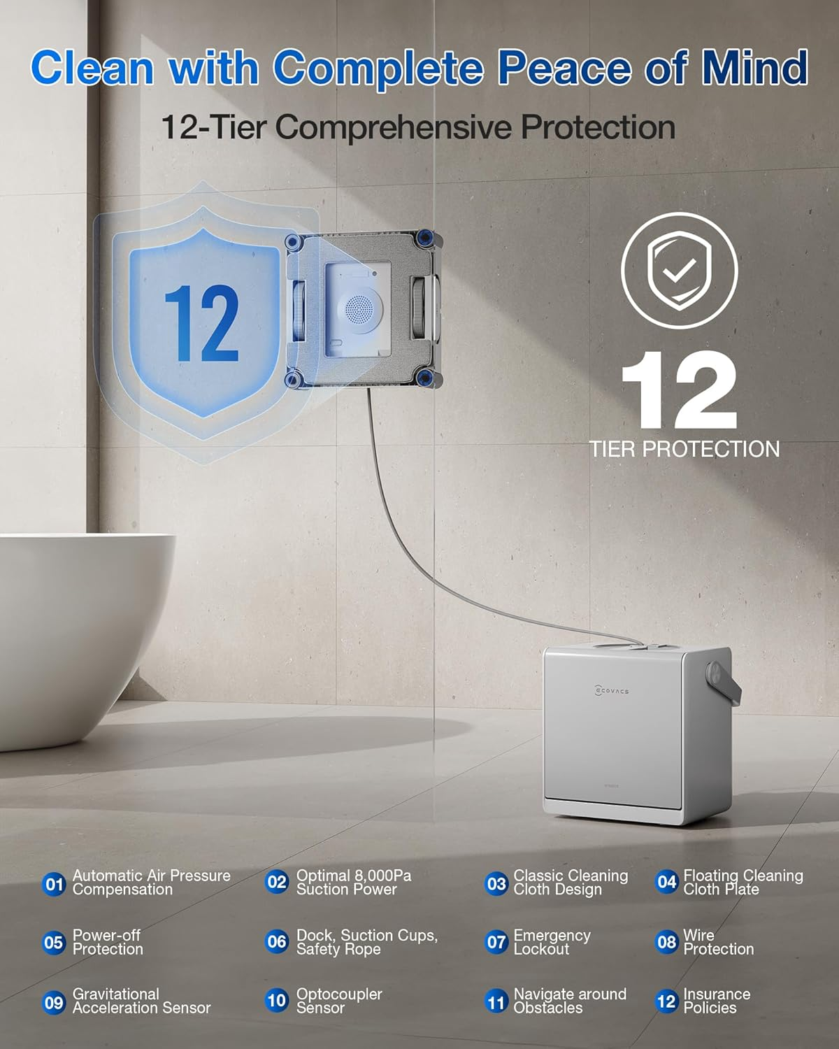Robot laveur de vitres sur une paroi en verre avec station de base et 12 fonctions de protection.