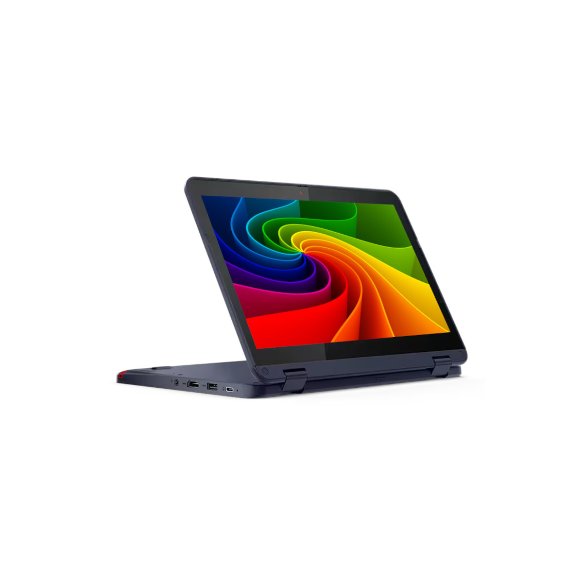 Ein blauer Laptop mit einem Bildschirm, der ein buntes, wirbelndes Regenbogenmuster zeigt, auf weißem Hintergrund.