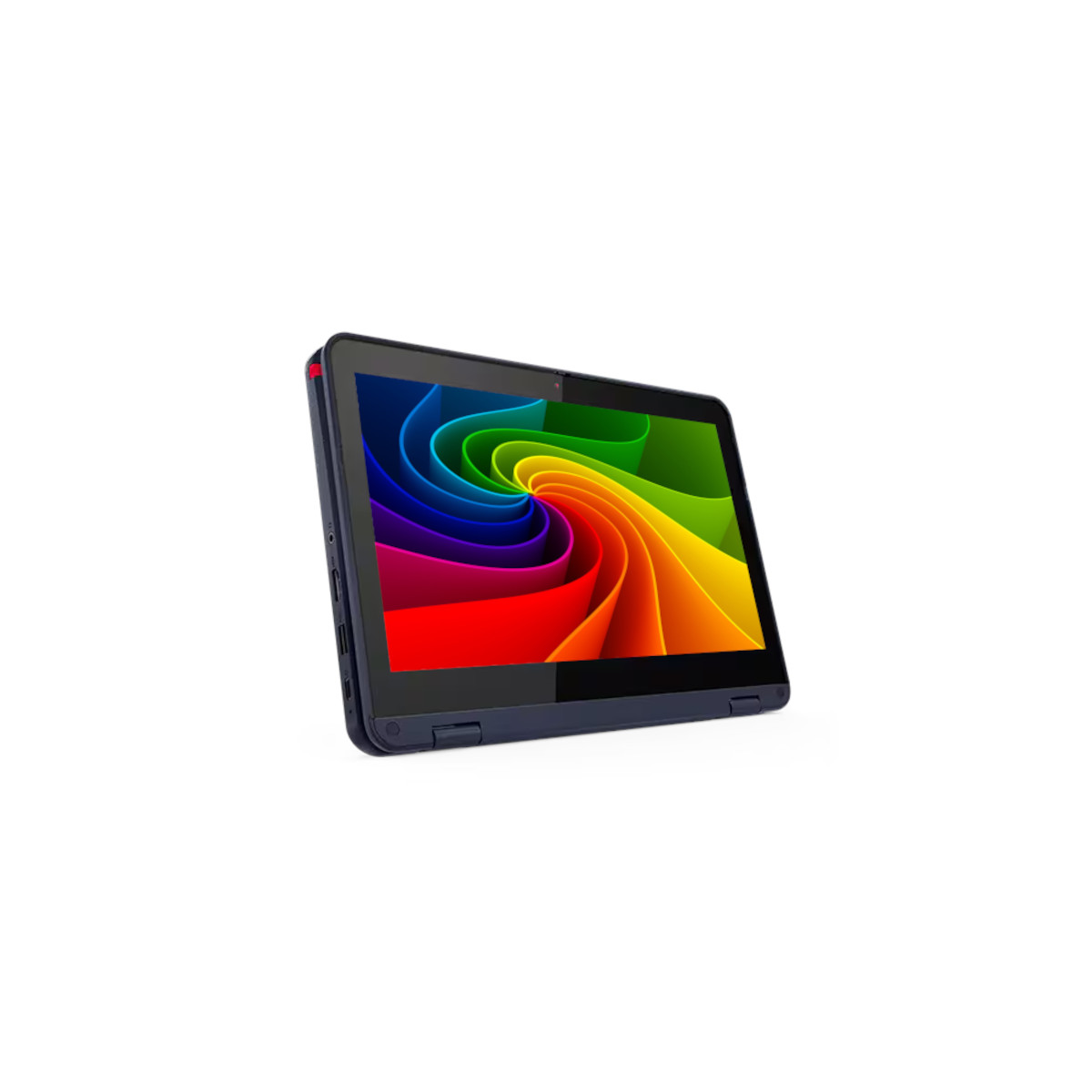 Ein blauer Laptop mit einem farbenfrohen abstrakten Hintergrund auf dem Bildschirm.