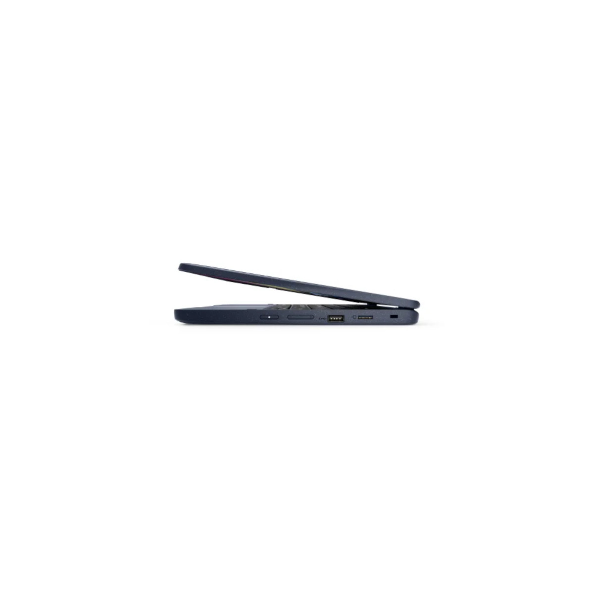 Seitenansicht eines geschlossenen blauen Laptops auf weiÃŸem Hintergrund mit sichtbaren AnschlÃ¼ssen.
