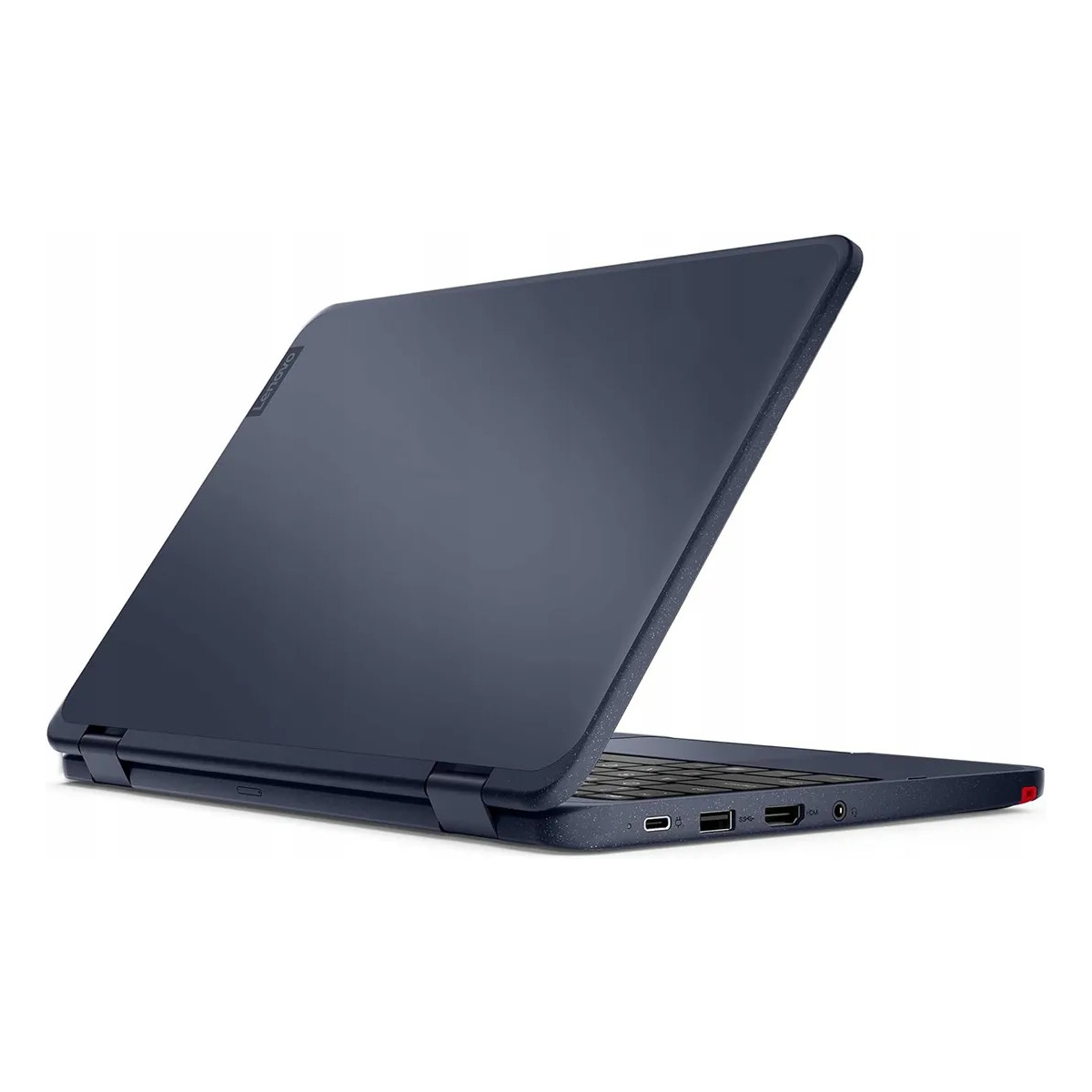 Ein dunkelblaues Lenovo-Notebook aus flacherem Blickwinkel zeigt Anschlüsse und geschlossenen Deckel vor weißem Grund.