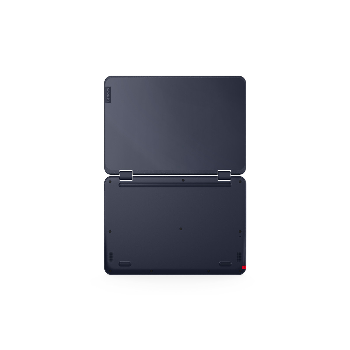 Ein dunkles Lenovo-Notebook steht auf einem weißen Hintergrund und zeigt die Unterseite und die Rückseite des geschlossenen Bildschirms.