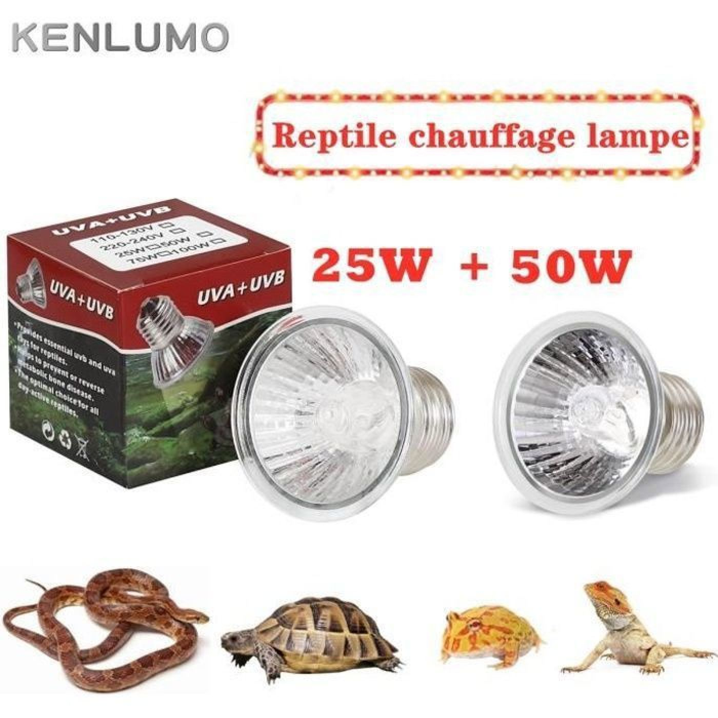 Verpackung und zwei UVA+UVB Reptilienlampen mit verschiedenen Tieren wie Schlange, Schildkröte und Eidechse unten.