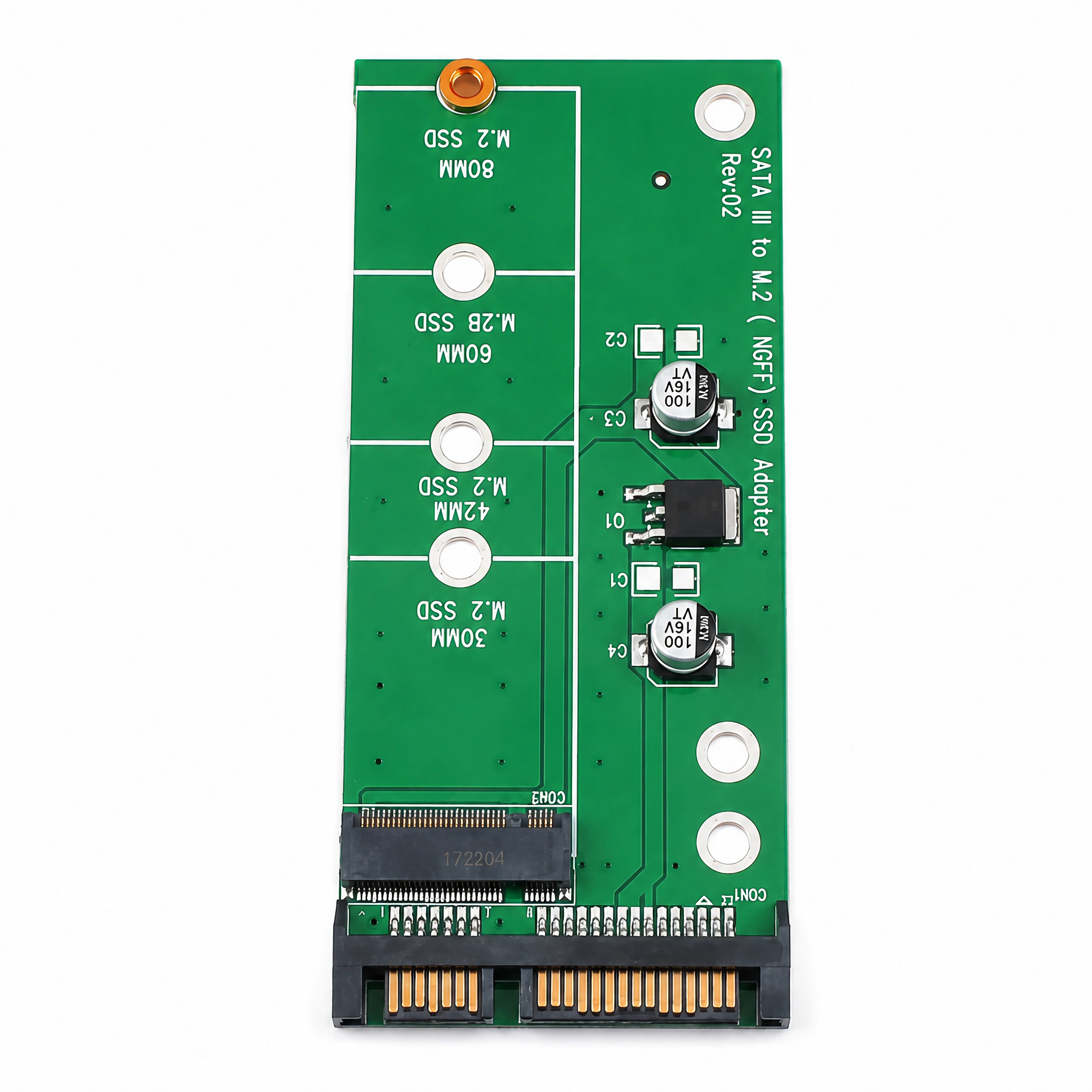Grüne SATA III zu M.2 NGFF SSD Adapter-Platine vor weißem Hintergrund.