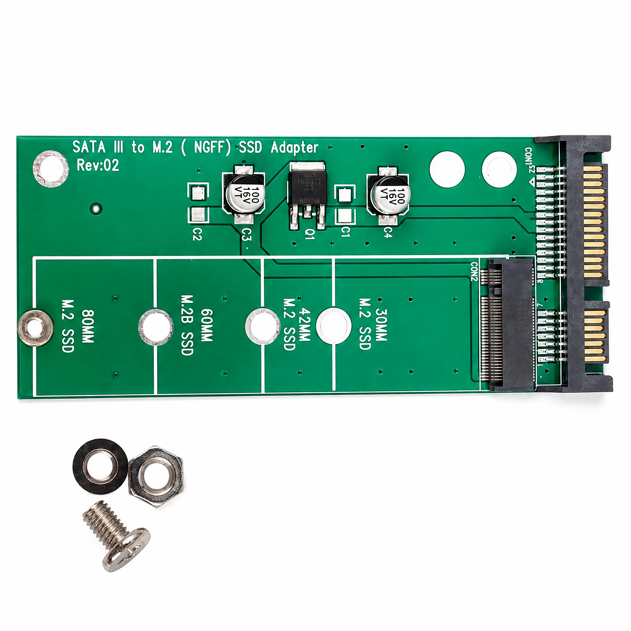 Grüne SATA III zu M.2 SSD Adapterplatine mit Schrauben auf weißem Grund.