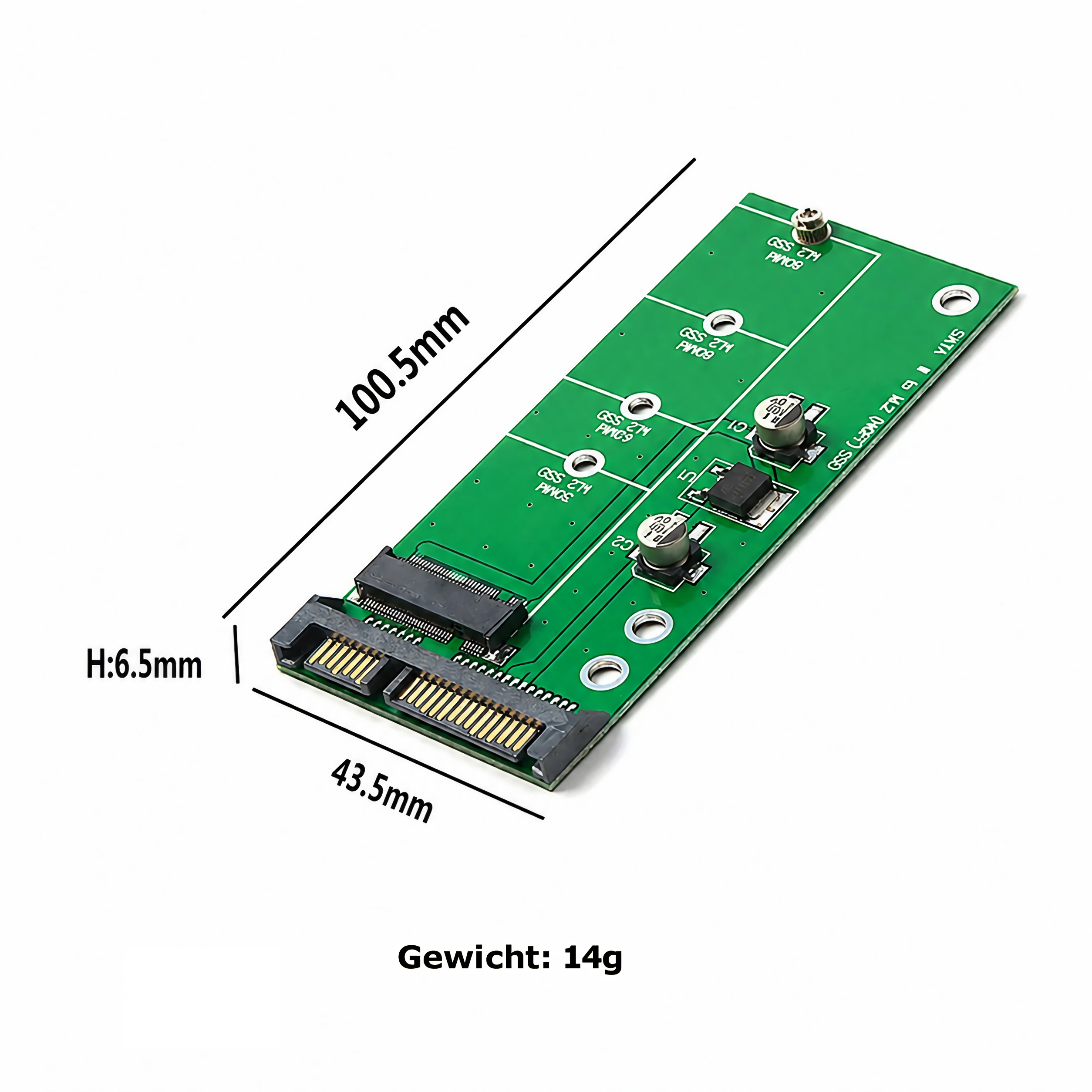 Grüne M.2-zu-SATA-Adapterplatine mit Maßen 100,5x43,5x6,5 mm und 14 g Gewicht.
