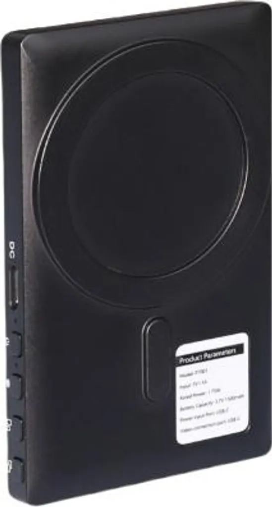 Schwarzes elektronisches Gerät mit runder Vertiefung, Seitentasten und einem Produktparameteraufkleber auf der Vorderseite.