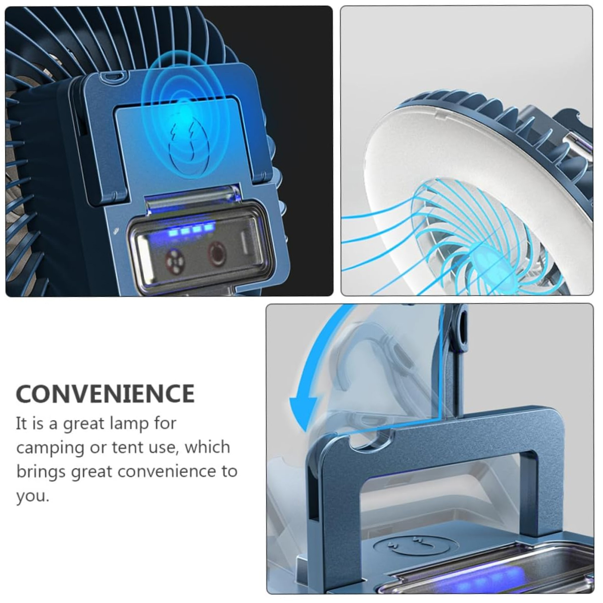 Tragbare blaue Campinglampe mit integriertem Ventilator und Haken.