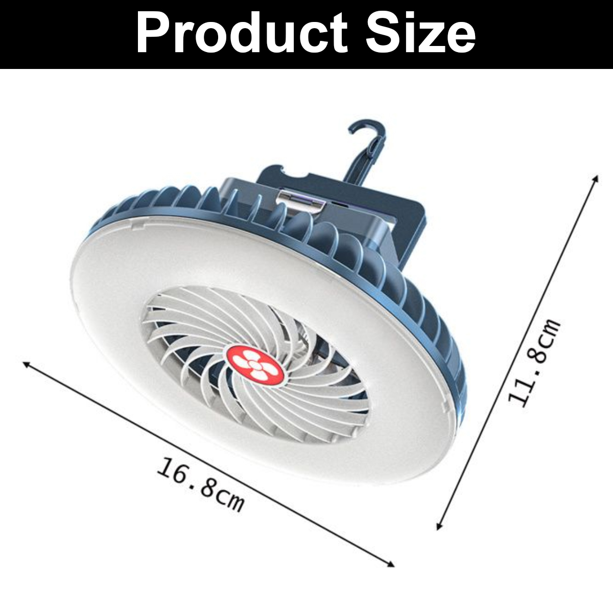 Produktgröße des LED-Zeltventilators: 16.8 cm mal 11.8 cm.