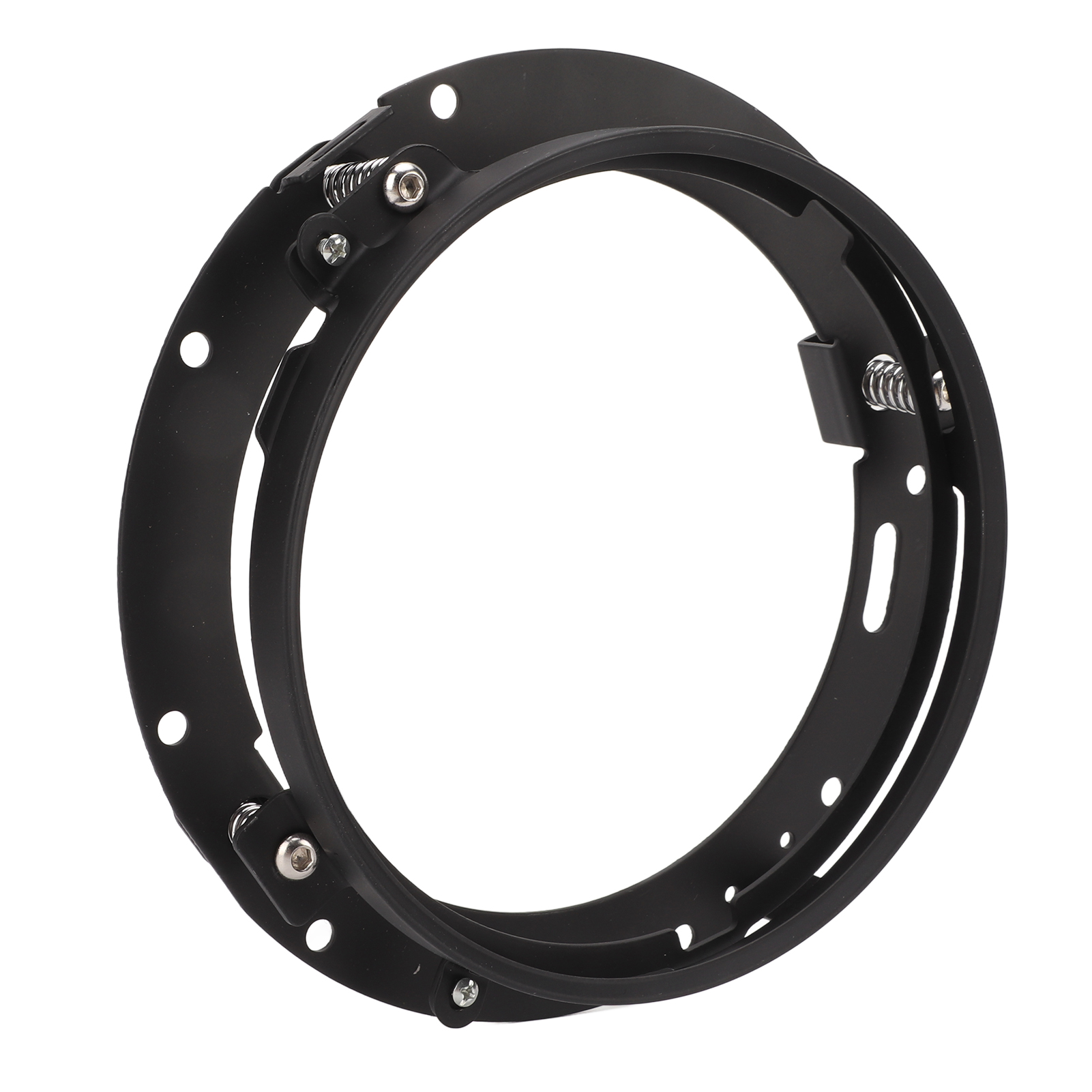 Schwarze runde Halterung aus Metall mit Löchern, Federn und Schrauben vor weißem Hintergrund.