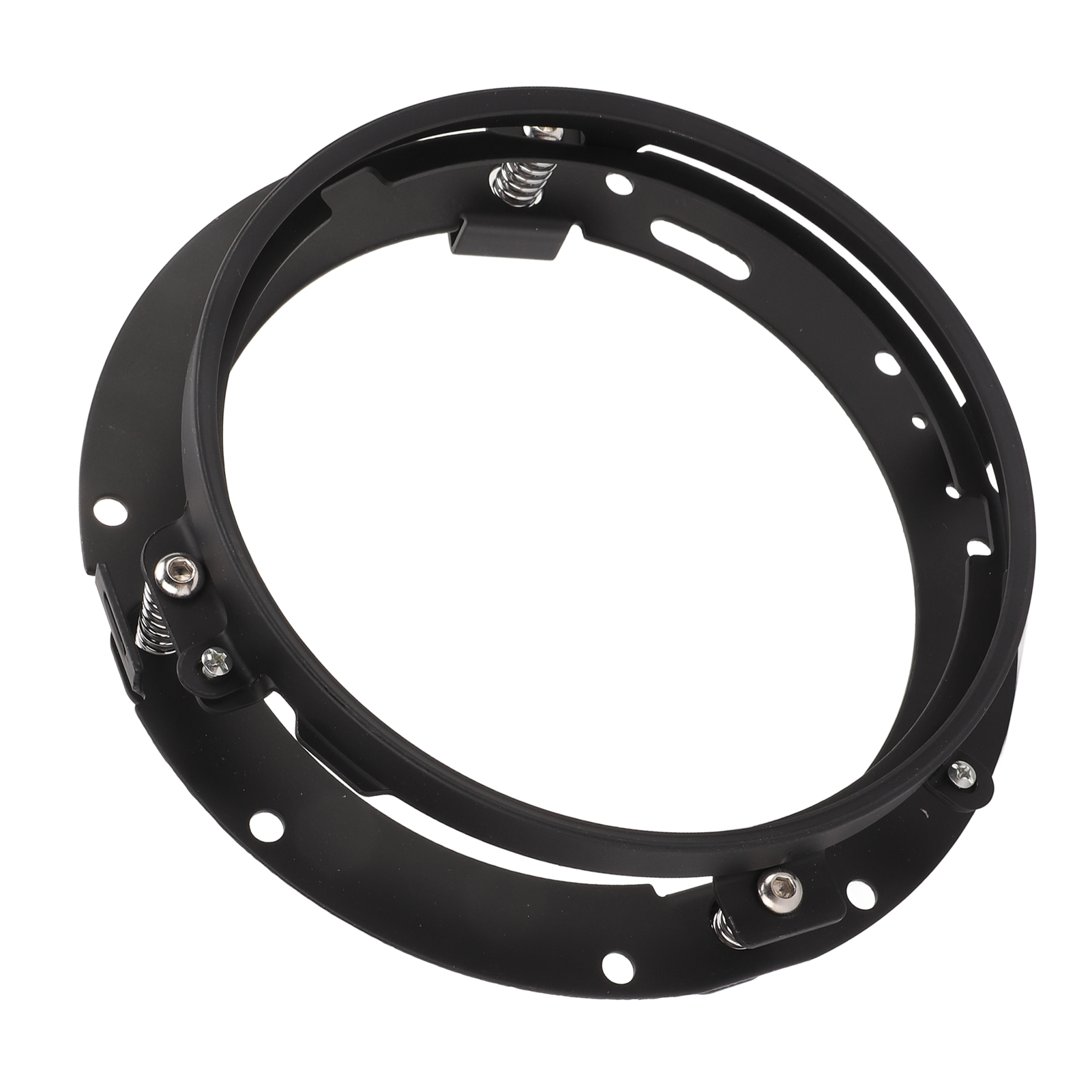 Schwarzer Metall-Scheinwerferring mit Schrauben und Federn auf weißem Hintergrund.
