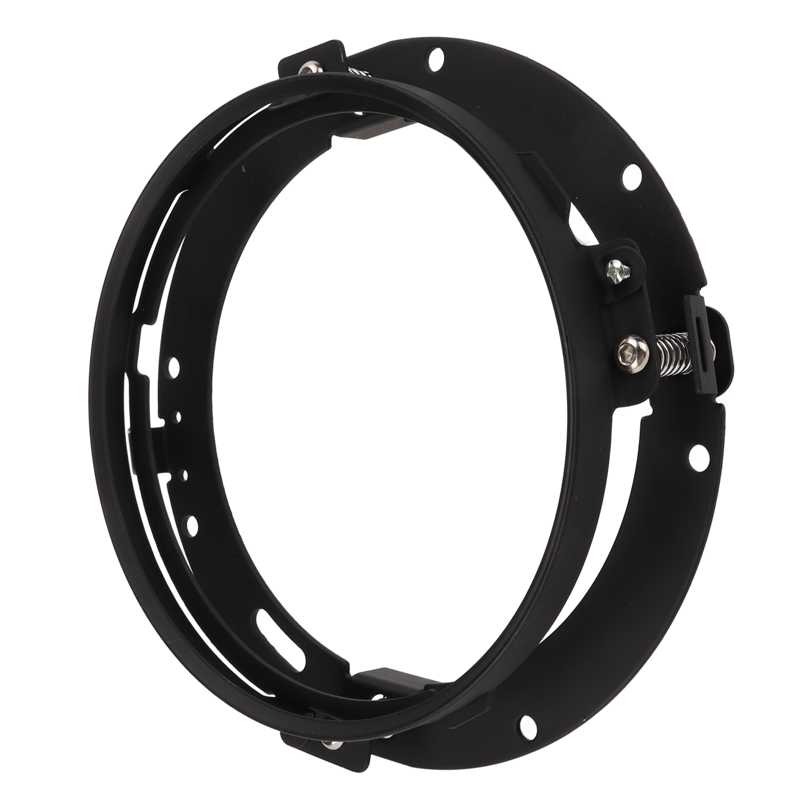 Schwarzer Metall-Scheinwerferring mit Befestigungsschrauben und integrierter Feder.