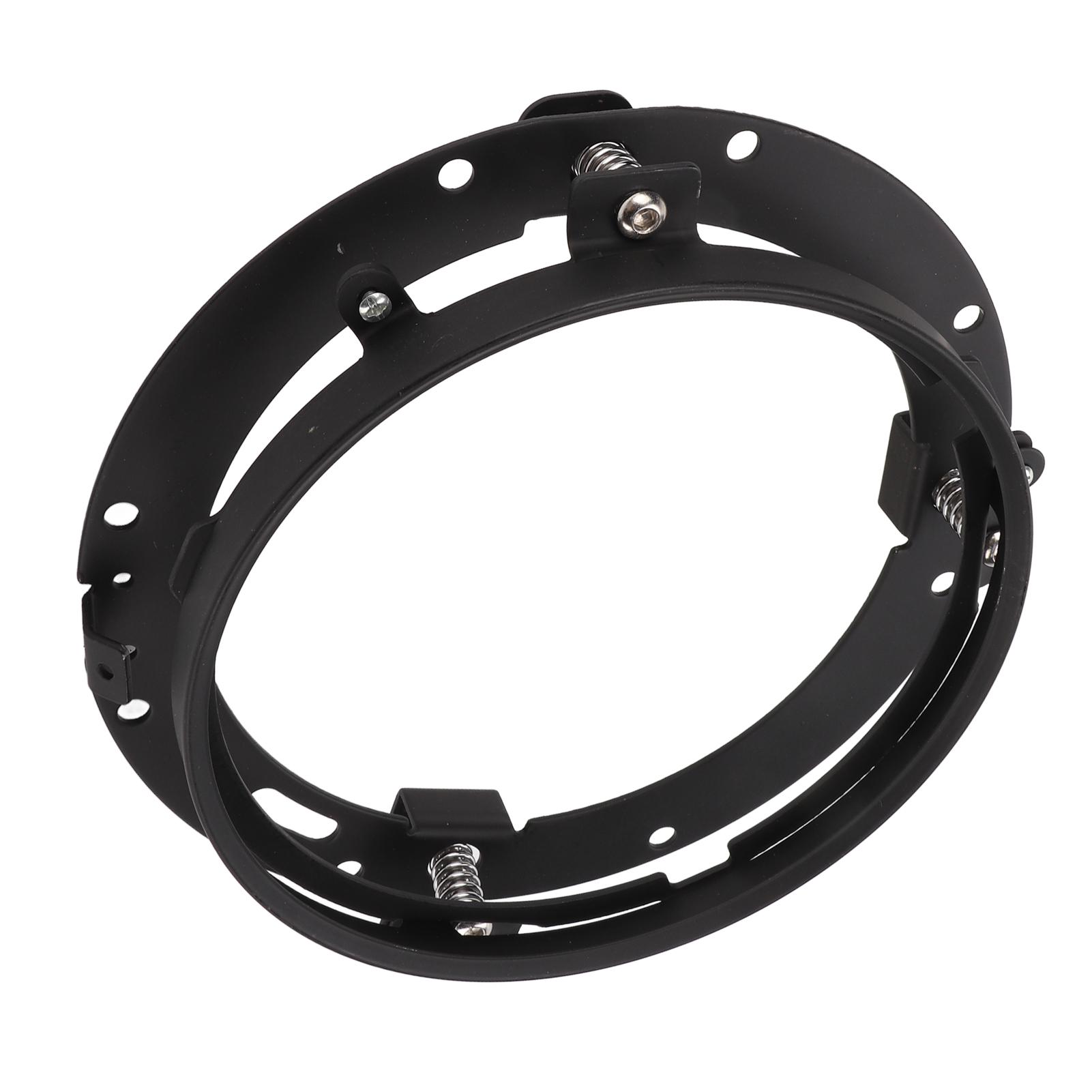 Ein schwarzer Scheinwerfer-Hinterlegungsring aus Metall mit kleinen Federn und Schrauben auf weißem Grund.