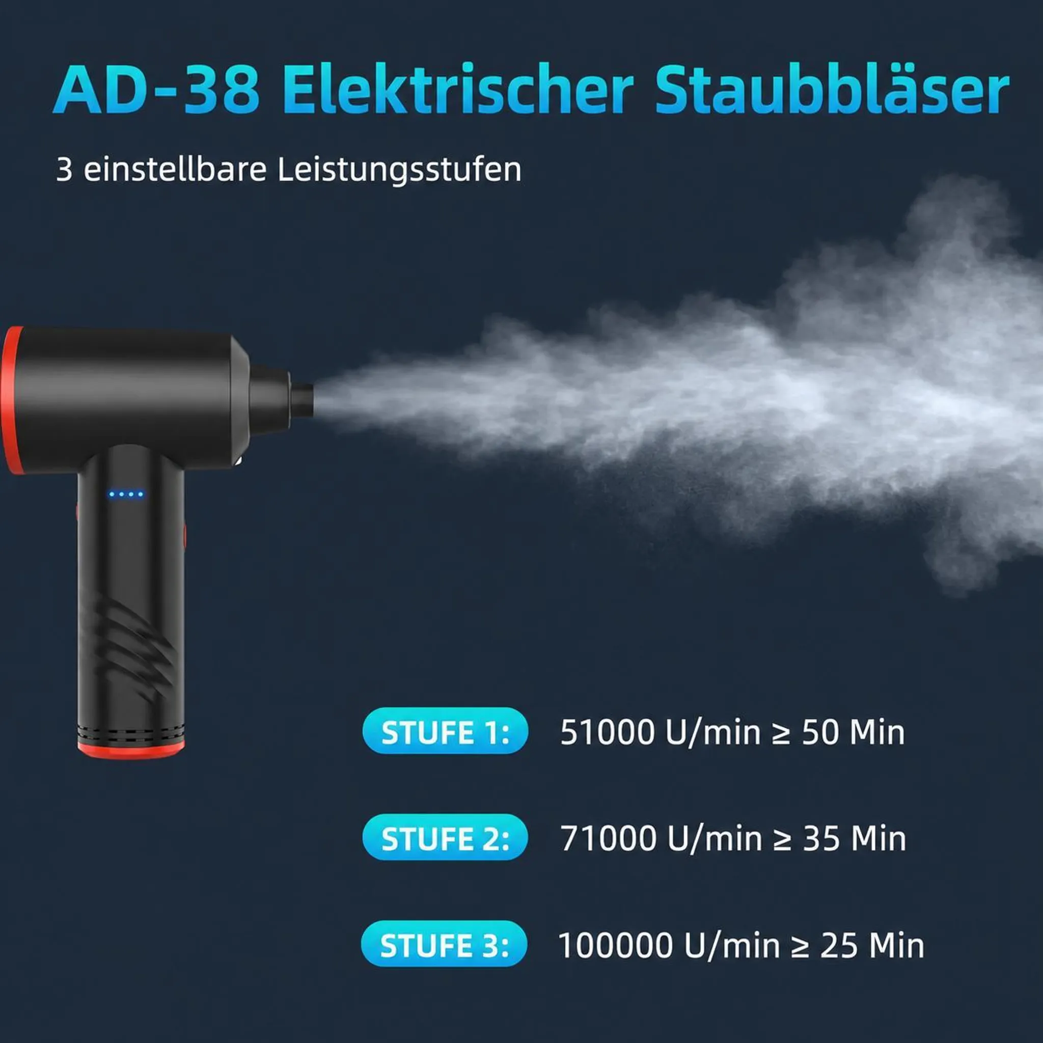 Schwarzer elektrischer Staubbläser AD-38 mit rotem Akzent, der einen kräftigen Luftstrom ausstößt.
