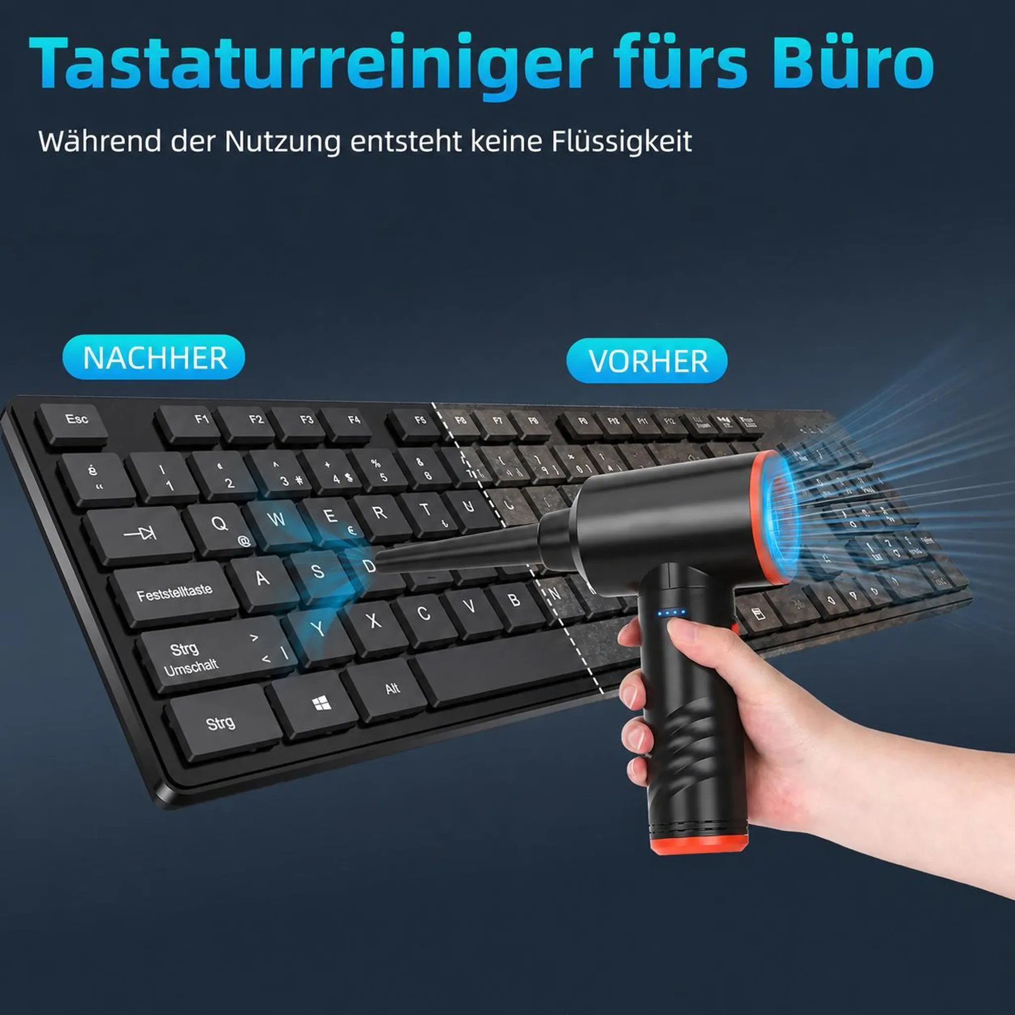 Eine Hand hält einen schwarzen elektrischen Druckluftreiniger, der eine schmutzige Tastatur reinigt.
