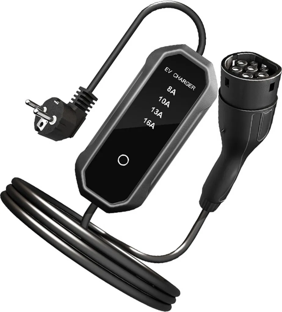 Schwarzes EV-Ladegerät mit Stecker, Steuerbox und Typ-2-Fahrzeuganschluss auf weißem Hintergrund.
